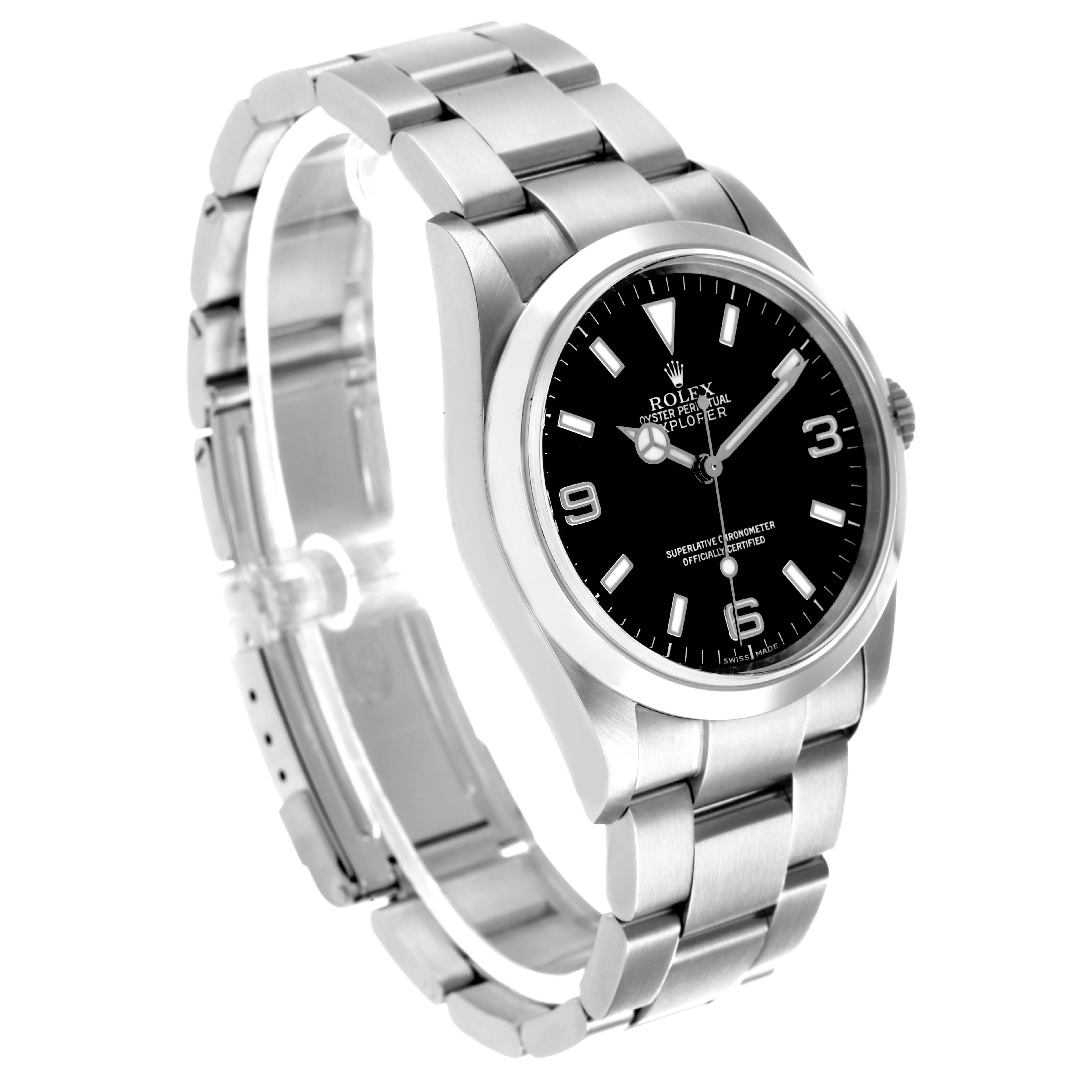 The Rolex Explorer 114270 Men's Stainless Steel Black Dial watch is shown at a three-quarter angle, displaying the dial and bracelet clearly.