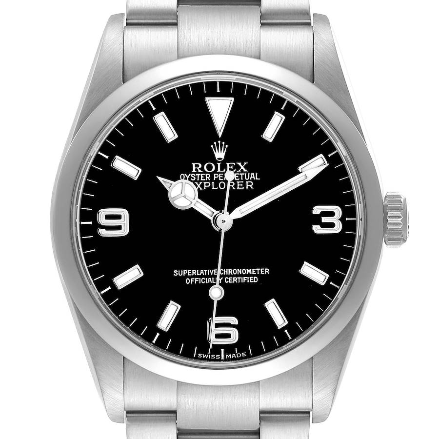 The Rolex Explorer 114270 Men's Stainless Steel Black Dial watch is shown from a front angle, highlighting the dial, hands, casing, bezel, and part of the bracelet.