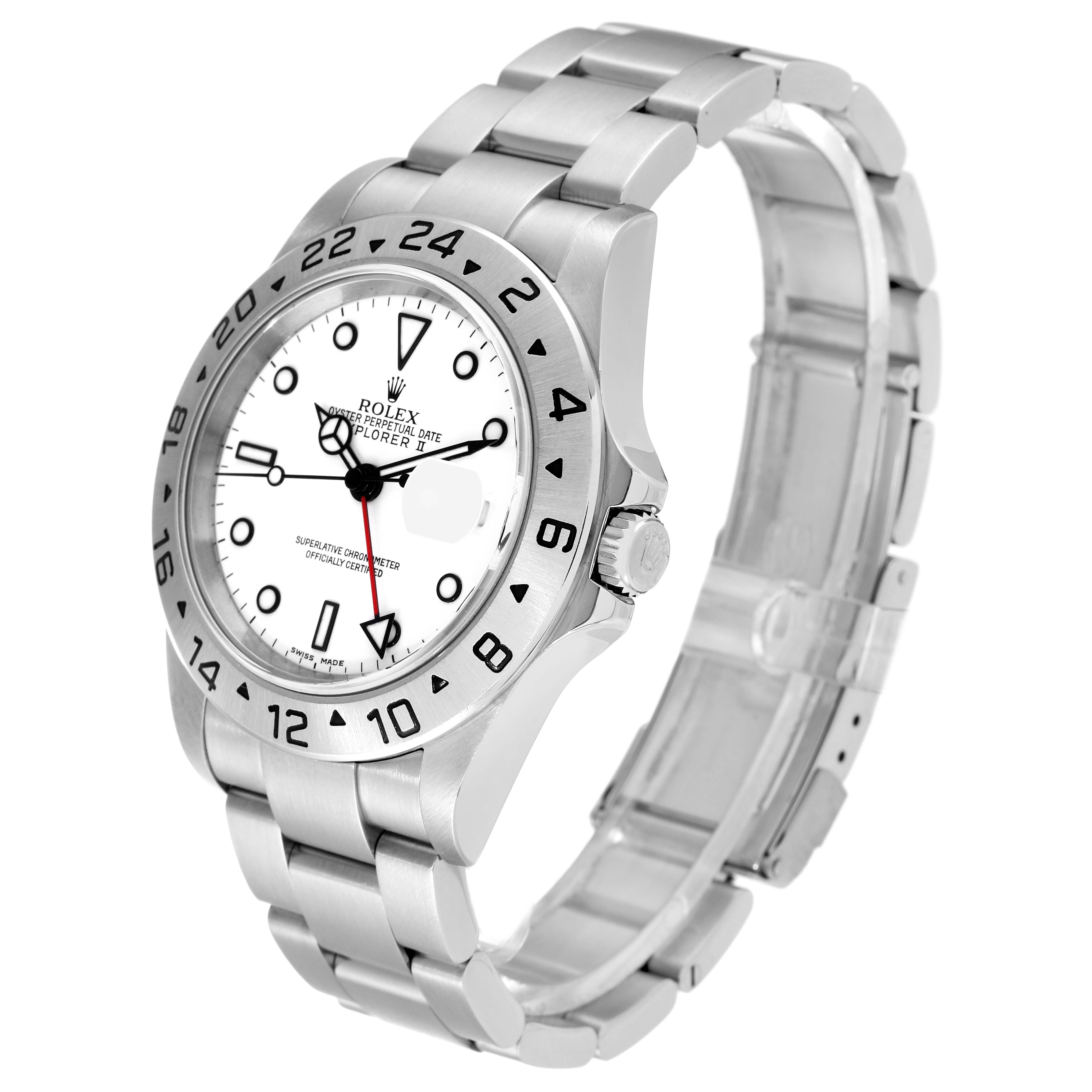 The Rolex Explorer 16570 Men
s Stainless Steel White Dial 16570 Men
s Stainless Steel White Dial watch is shown at a three-quarter angle, displaying the face, bezel, crown, and bracelet.