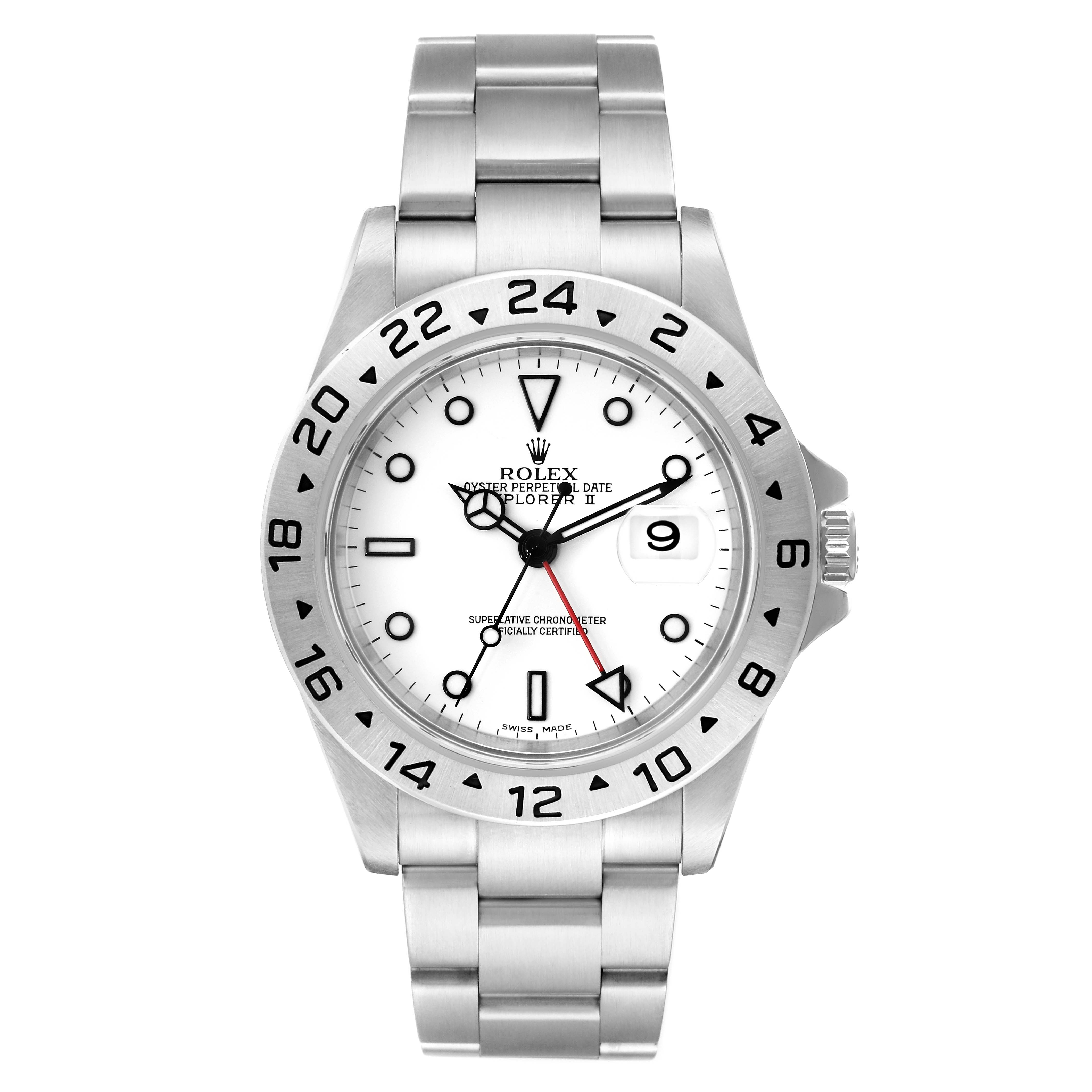 The image shows a front view of a Rolex Explorer 16570 Men
s Stainless Steel White Dial 16570 Men
s Stainless Steel White Dial watch, displaying its dial, bezel, and stainless steel bracelet.