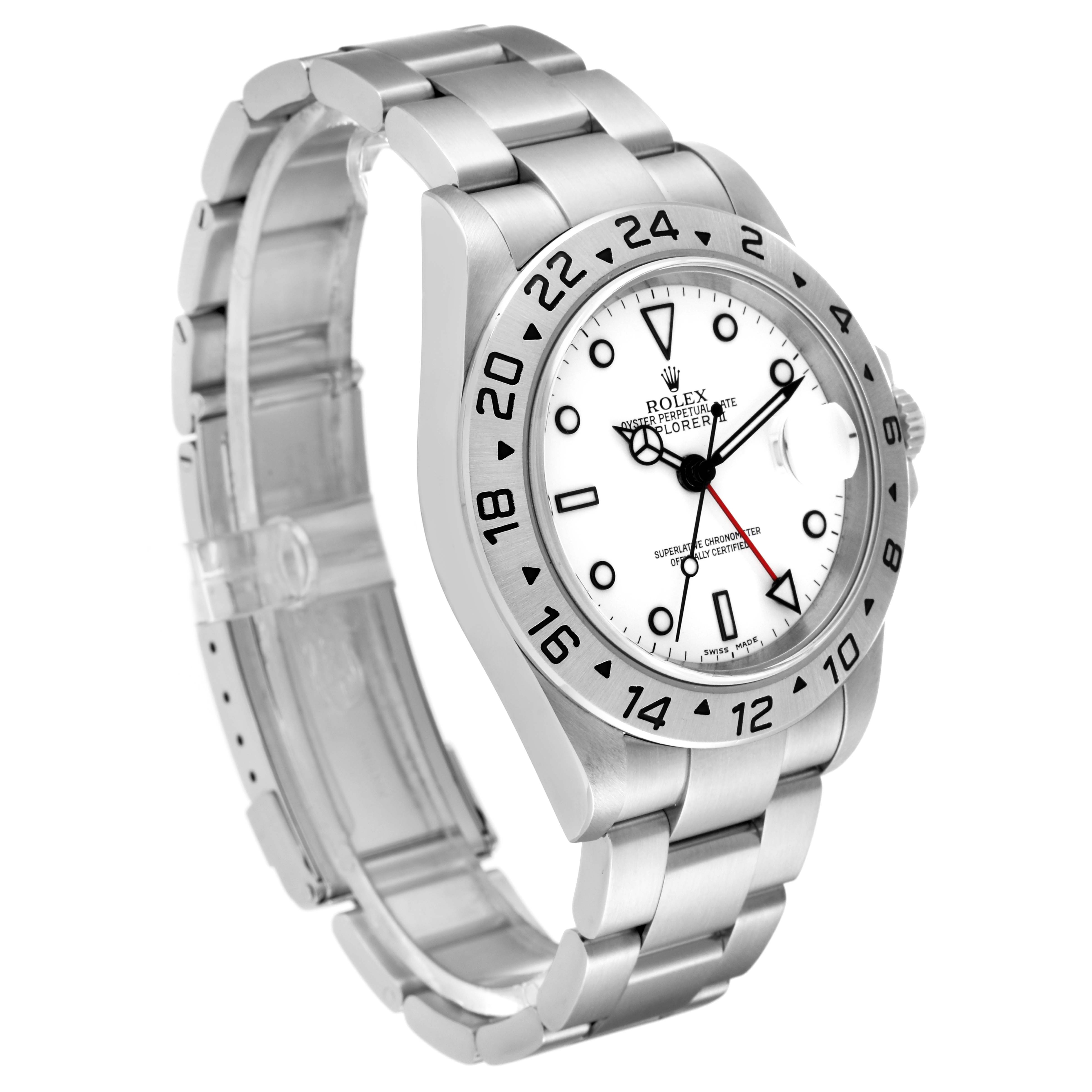 The image shows a side angle of a Rolex Explorer 16570 Men
s Stainless Steel White Dial 16570 Men
s Stainless Steel White Dial watch highlighting its bezel, dial, and bracelet.