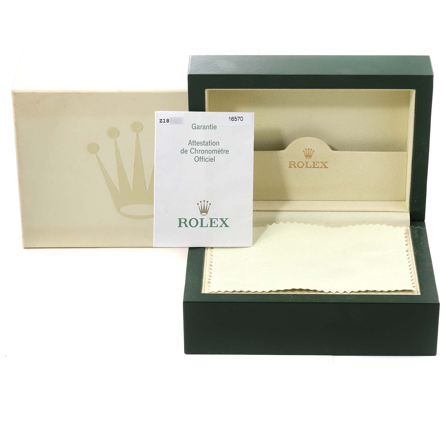 This image shows a Rolex Explorer 16570 Men
s Stainless Steel White Dial 16570 Men
s Stainless Steel White Dial watch box with official documents and a cleaning cloth.