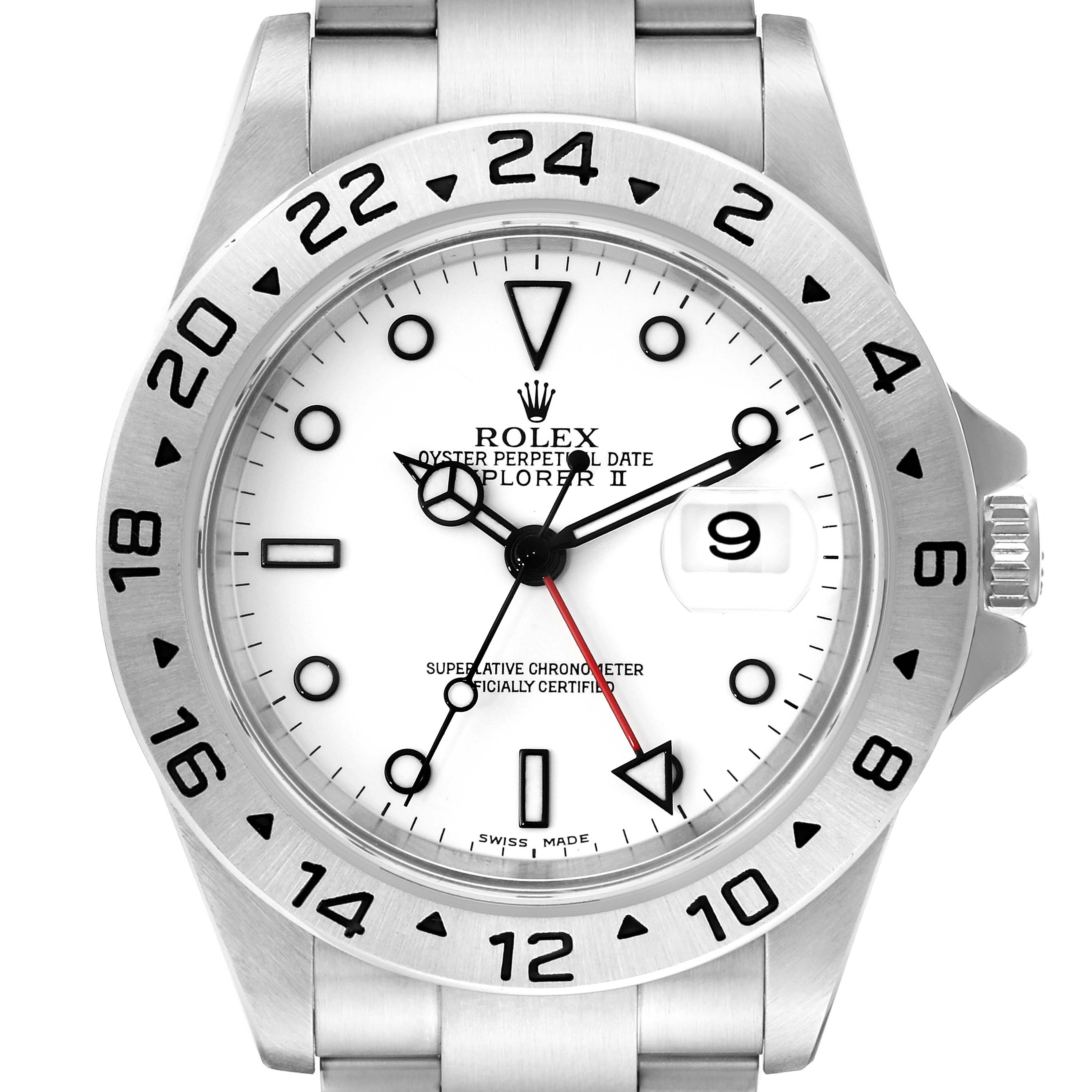 This image shows the front view of a Rolex Explorer 16570 Men
s Stainless Steel White Dial 16570 Men
s Stainless Steel White Dial watch, featuring the dial, bezel, and part of the bracelet.