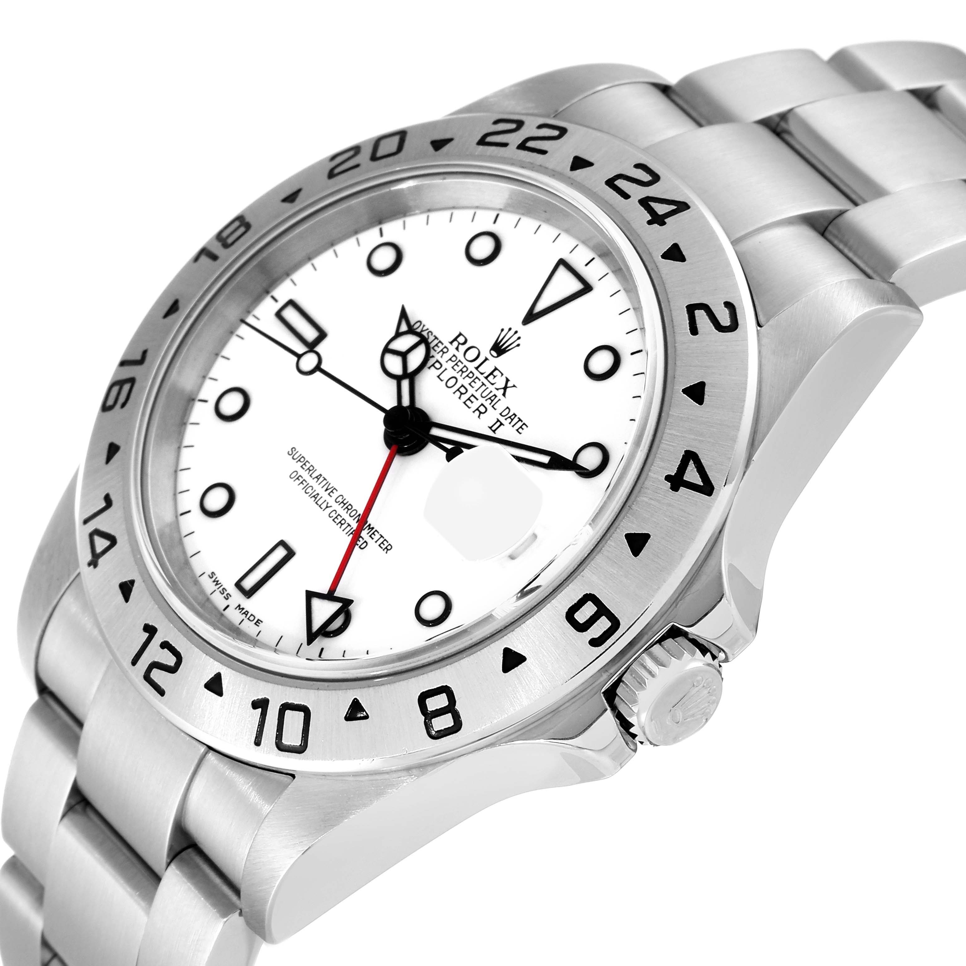 This image shows a close-up of the Rolex Explorer 16570 Men
s Stainless Steel White Dial 16570 Men
s Stainless Steel White Dial watch
s face, bezel, crown, and part of the bracelet at an angled view.
