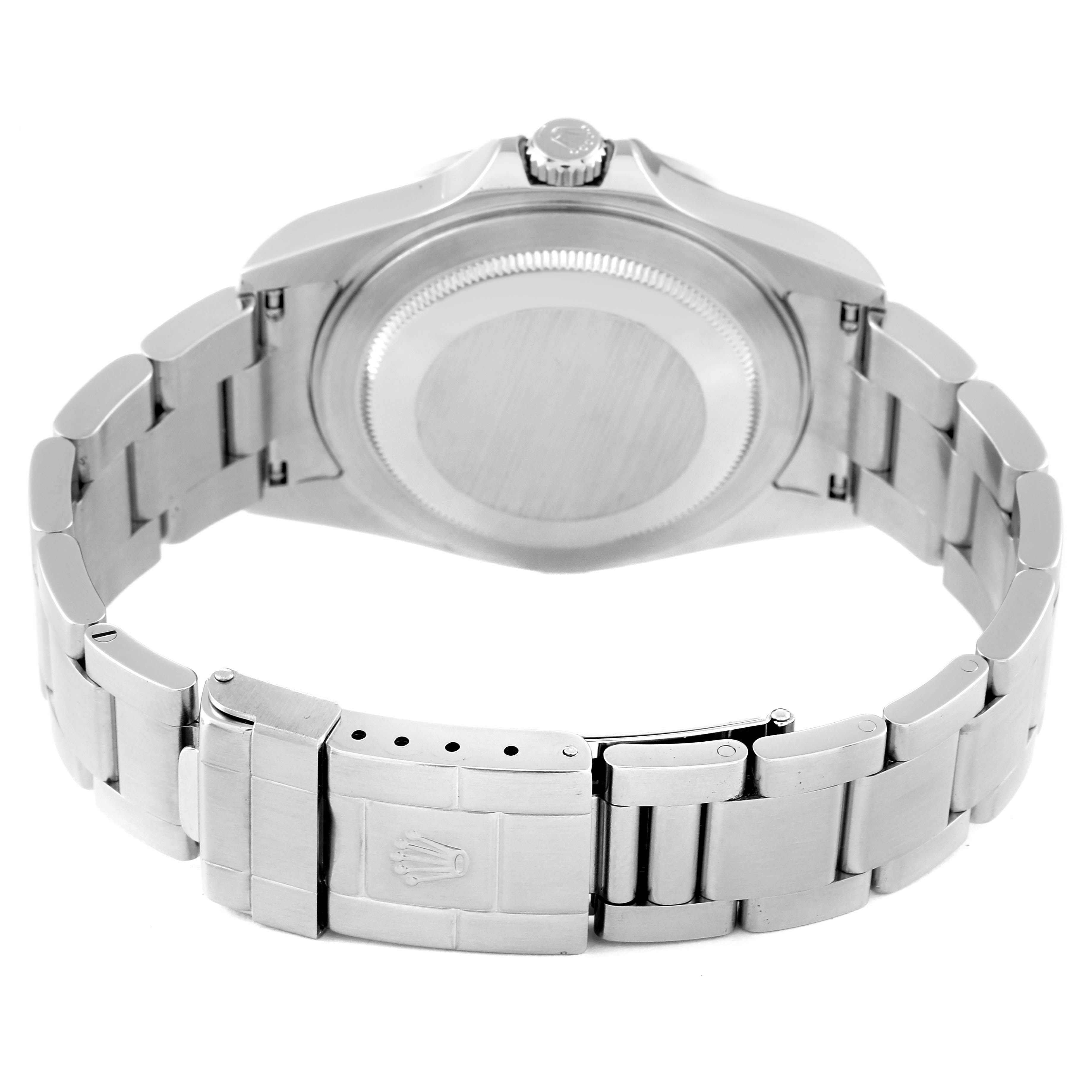 This is a rear view of the Rolex Explorer 16570 Men
s Stainless Steel White Dial 16570 Men
s Stainless Steel White Dial watch showing the case back, bracelet, and clasp.