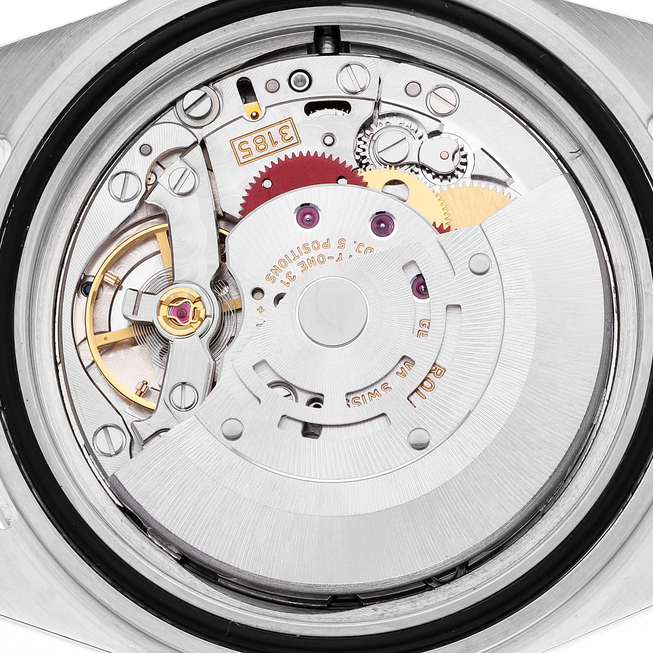 This is an interior view of the Rolex Explorer 16570 Men
s Stainless Steel White Dial 16570 Men
s Stainless Steel White Dial watch, showing the intricacies of its movement and mechanical components.