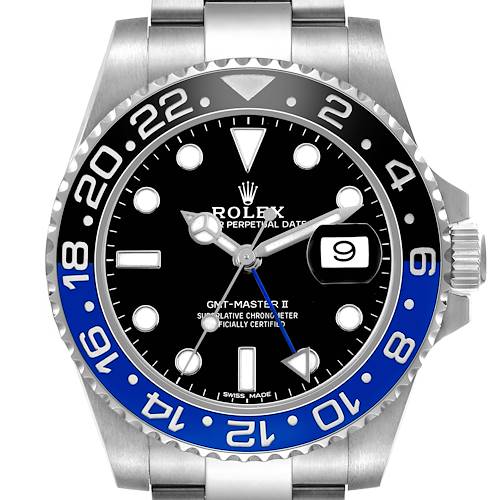 The Rolex GMT-Master 116710BLNR Mens Stainless Steel Black Dial II watch is shown from a top-down angle, highlighting the bezel, dial, hands, and date indicator.