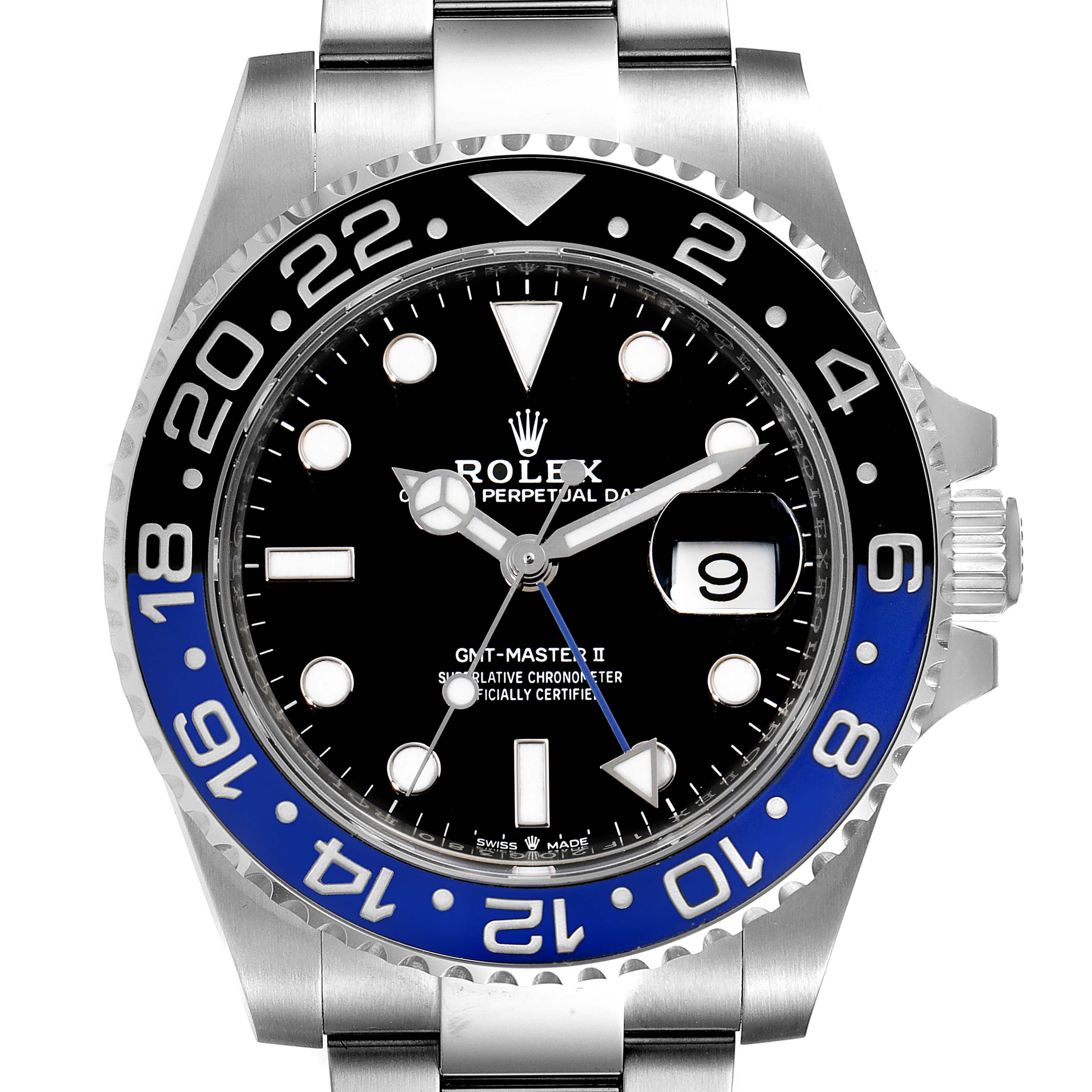 The image shows a front view of the Rolex GMT-Master 126710 Men
s Stainless Steel Black Dial 126710 Men
s Stainless Steel Black Dial II watch, highlighting the bezel, dial, hands, and bracelet.