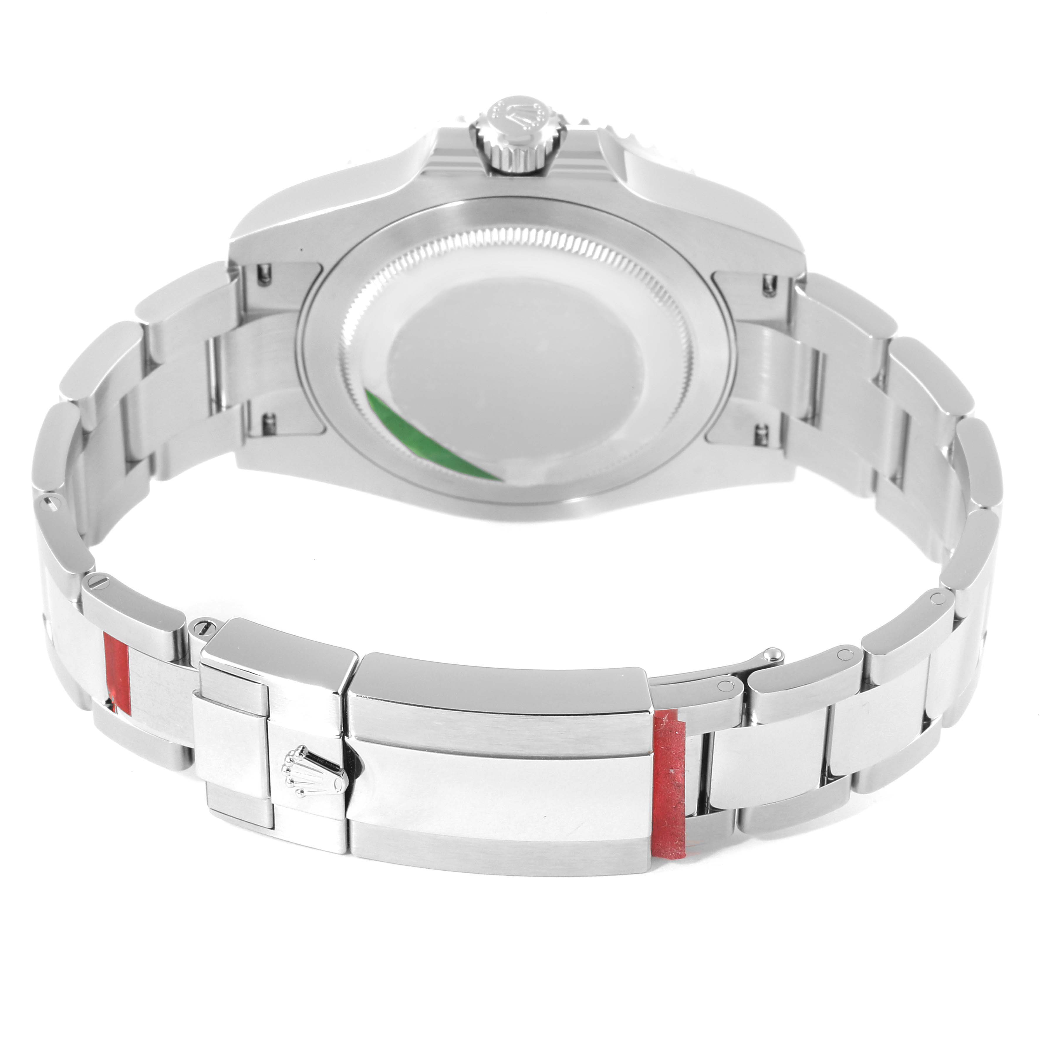 This image shows the back casing and bracelet of a Rolex GMT-Master 126710 Men
s Stainless Steel Black Dial 126710 Men
s Stainless Steel Black Dial watch from a rear view angle.