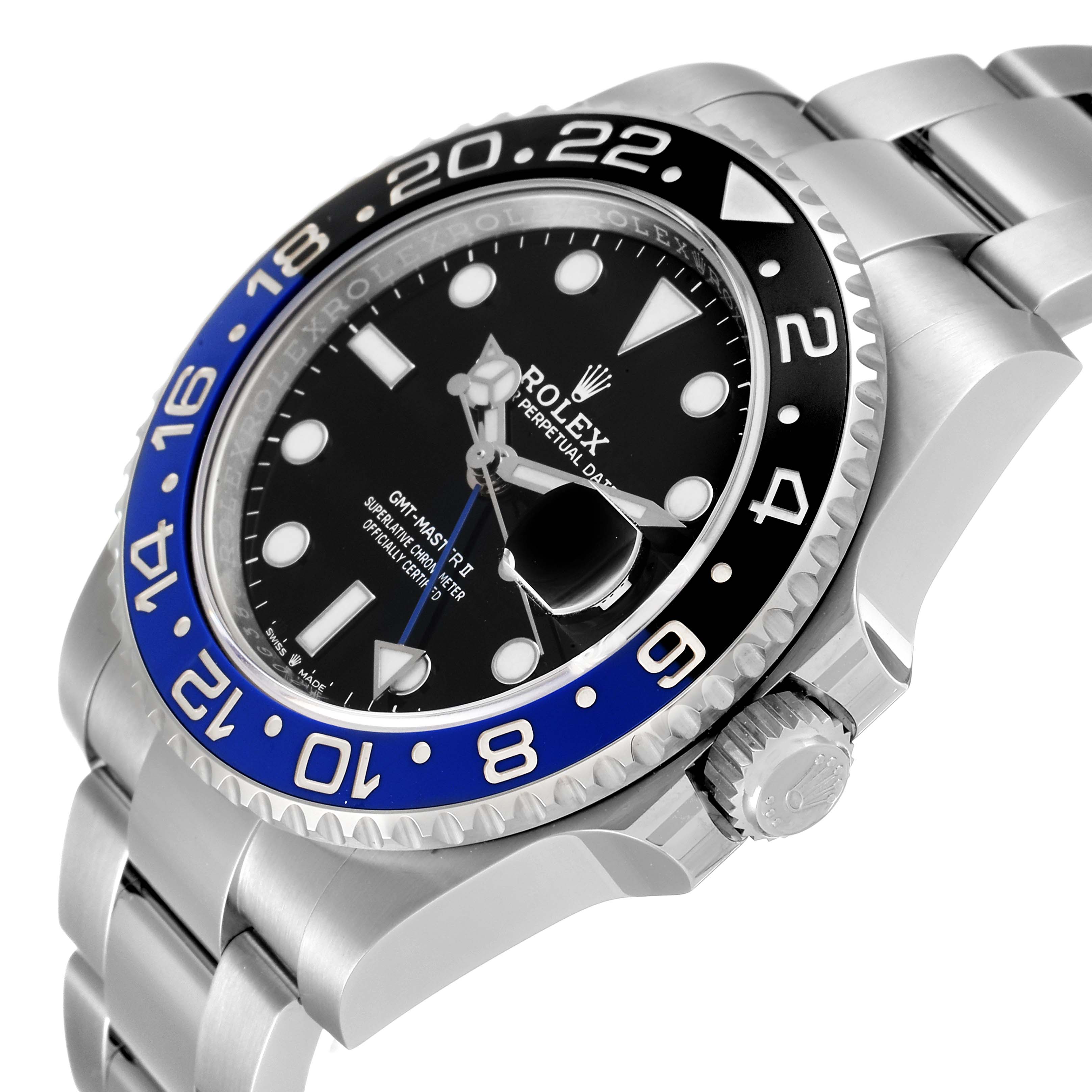 The image shows a close-up angle of a Rolex GMT-Master 126710 Men
s Stainless Steel Black Dial 126710 Men
s Stainless Steel Black Dial watch, highlighting the bezel, dial, and part of the bracelet.