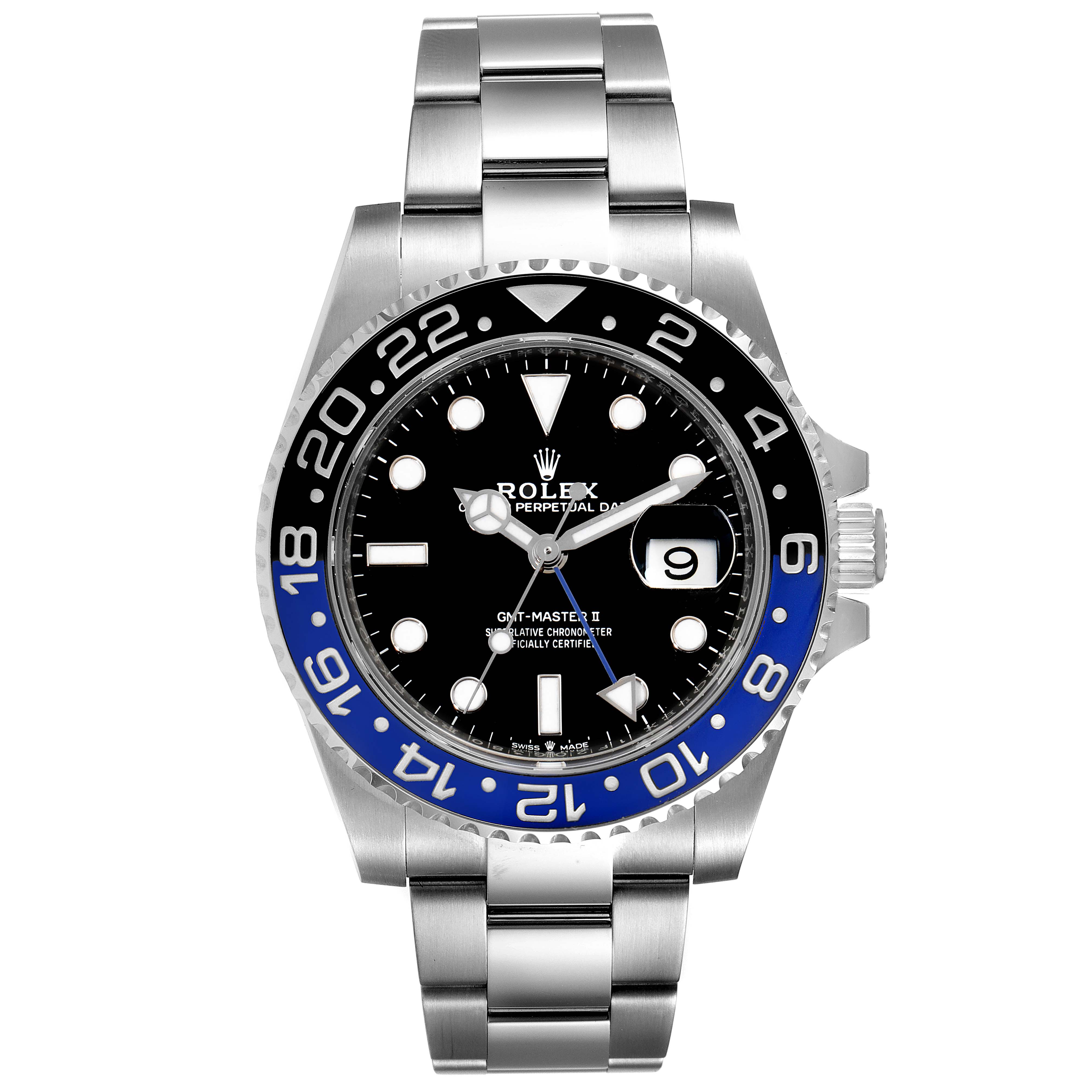 The image shows a front view of the Rolex GMT-Master 126710 Men
s Stainless Steel Black Dial 126710 Men
s Stainless Steel Black Dial II watch, featuring a black and blue bezel, black dial, and stainless steel bracelet.
