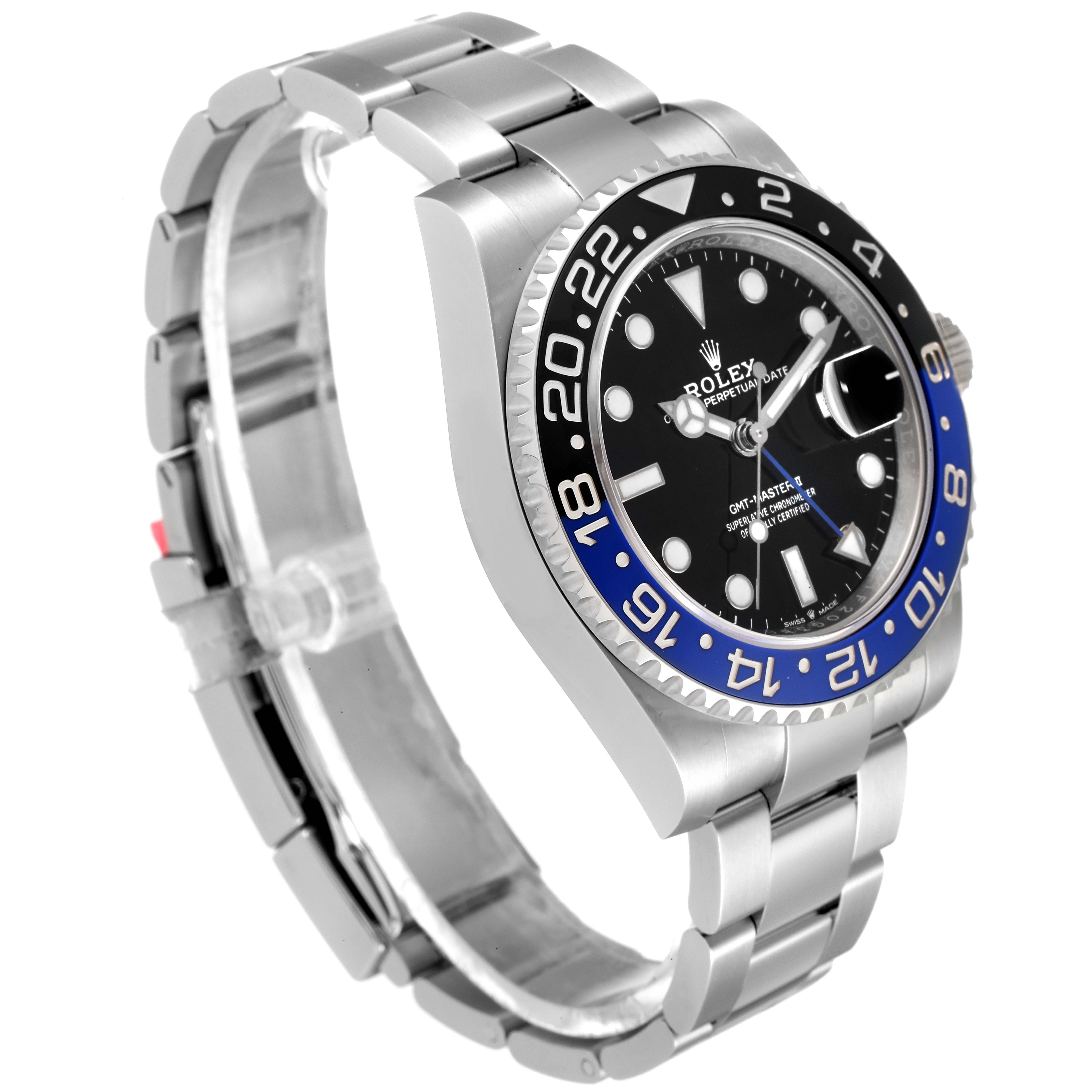 The Rolex GMT-Master 126710 Men
s Stainless Steel Black Dial 126710 Men
s Stainless Steel Black Dial watch is shown at a slight side angle, displaying its bezel, face, and stainless steel bracelet.