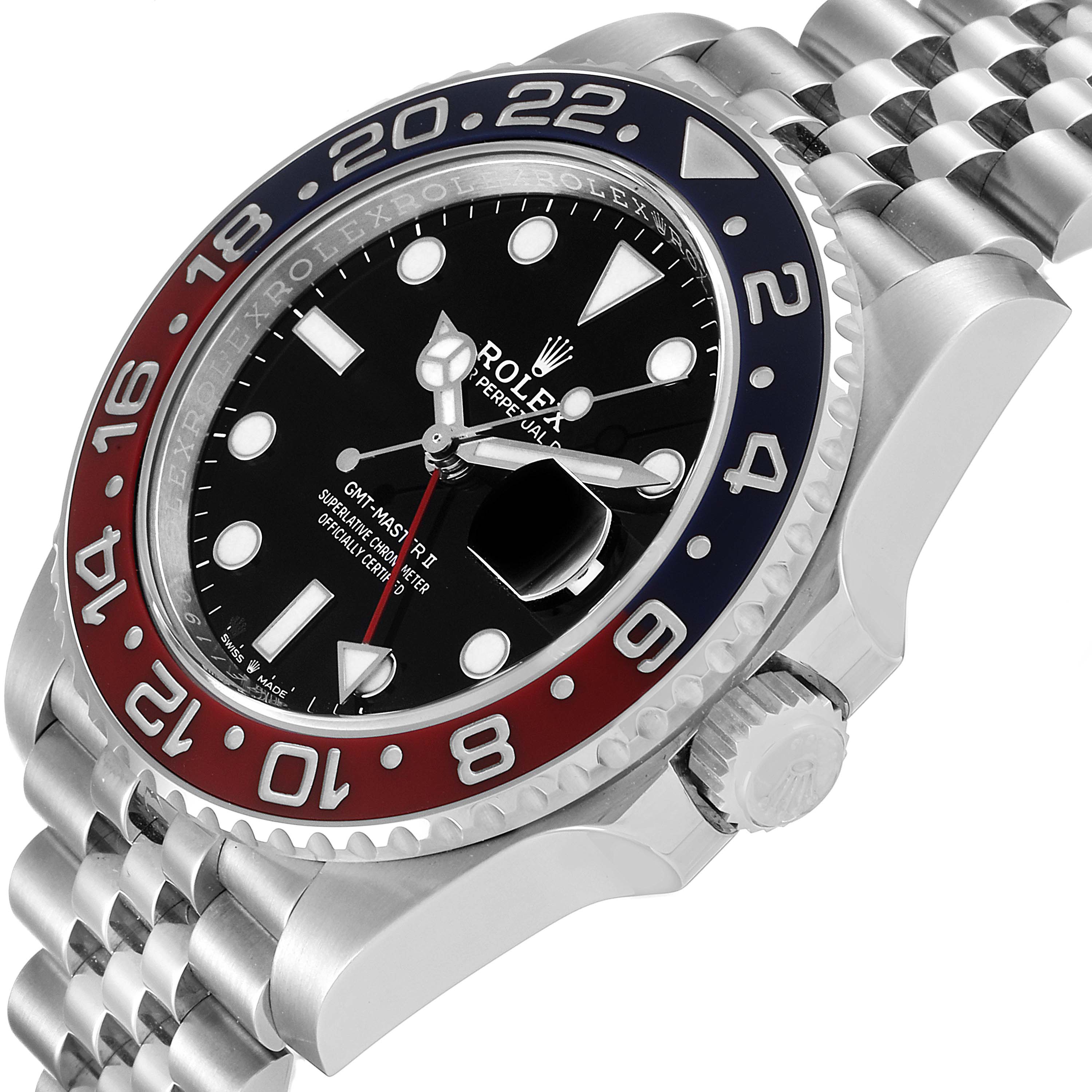 This image shows a side angle of the Rolex GMT-Master 126710 Men's Stainless Steel Black Dial 126710 Men's Stainless Steel Black Dial II watch, featuring the bezel, crown, and part of the bracelet.