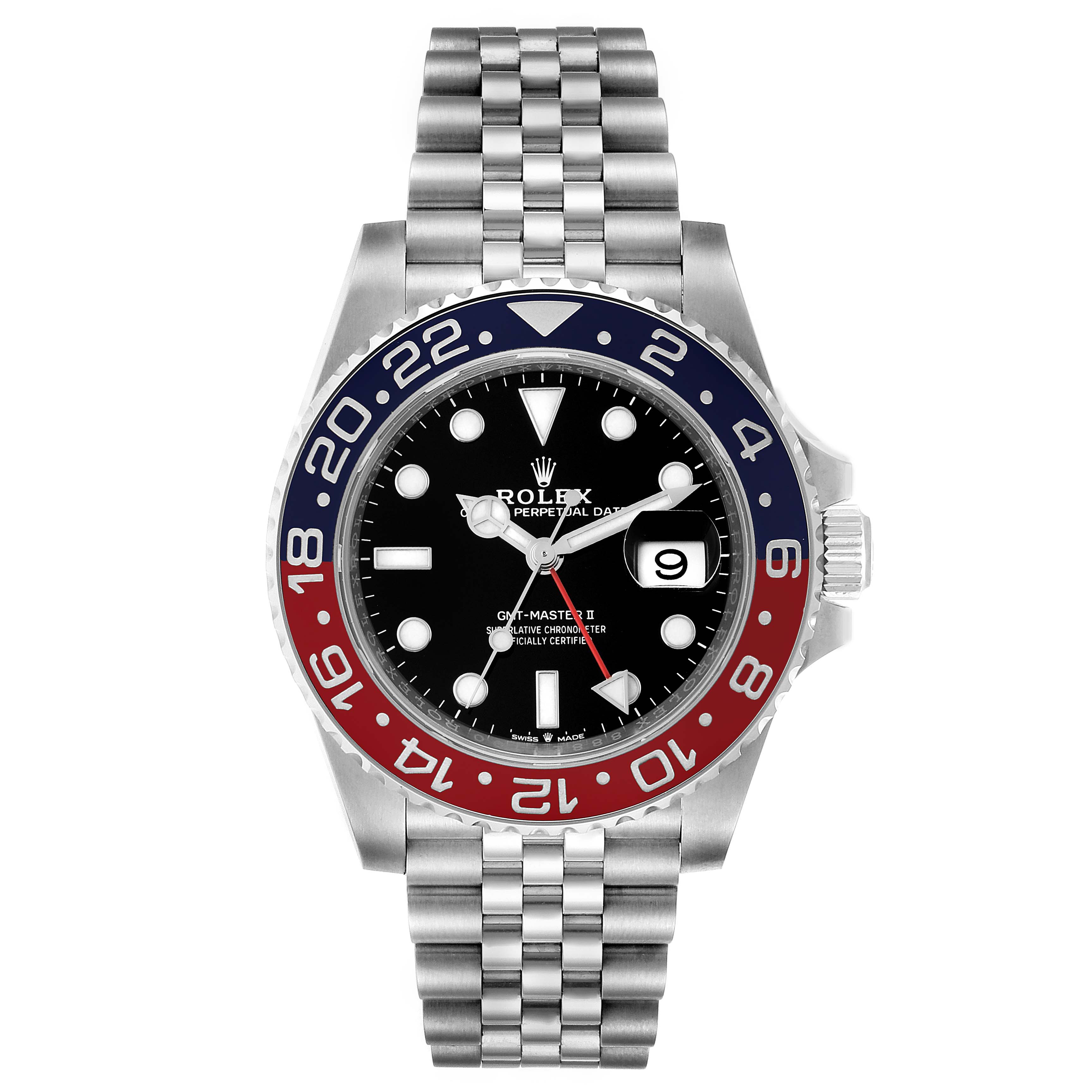 The image shows a frontal view of a Rolex GMT-Master 126710 Men's Stainless Steel Black Dial 126710 Men's Stainless Steel Black Dial watch featuring a blue and red bezel and a Jubilee bracelet.