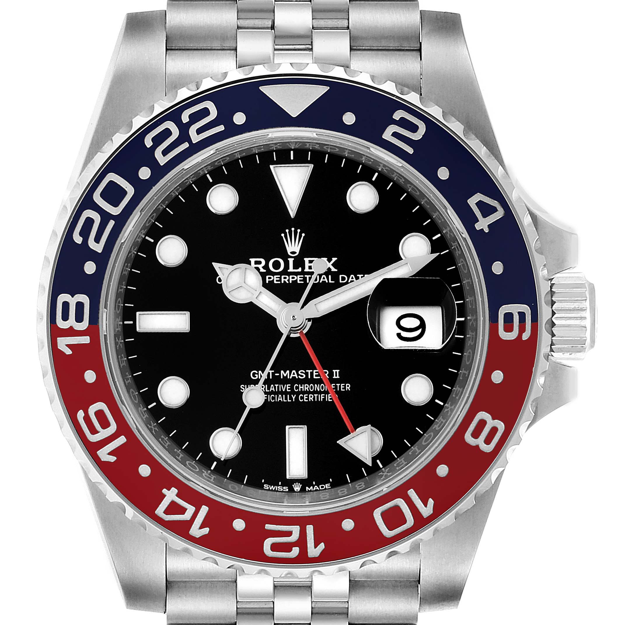 The image shows a frontal view of a Rolex GMT-Master 126710 Men's Stainless Steel Black Dial 126710 Men's Stainless Steel Black Dial II watch, featuring a black dial and a blue and red bezel.