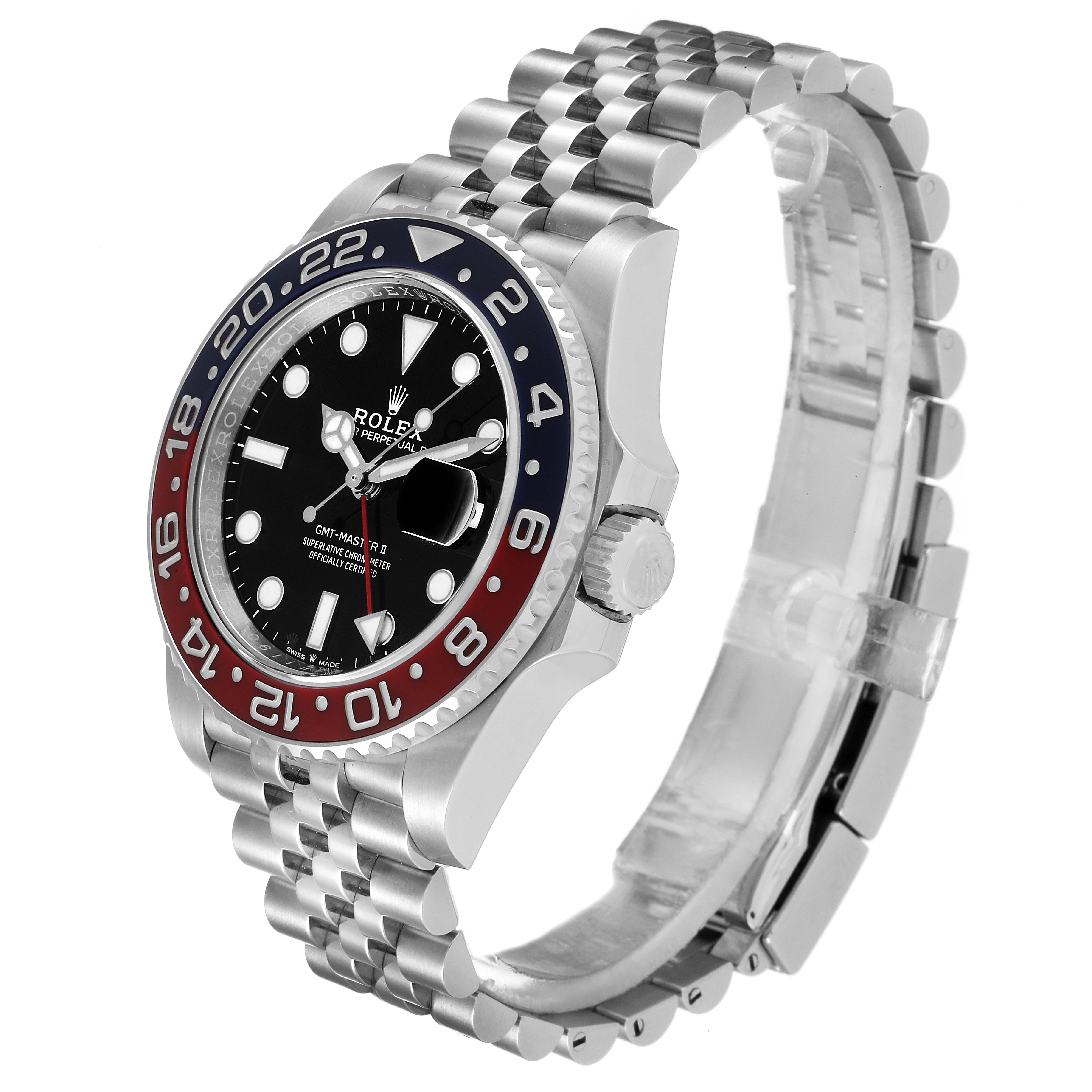 The image shows a Rolex GMT-Master 126710 Men's Stainless Steel Black Dial 126710 Men's Stainless Steel Black Dial watch from a three-quarter angle, highlighting the bezel, dial, and bracelet.