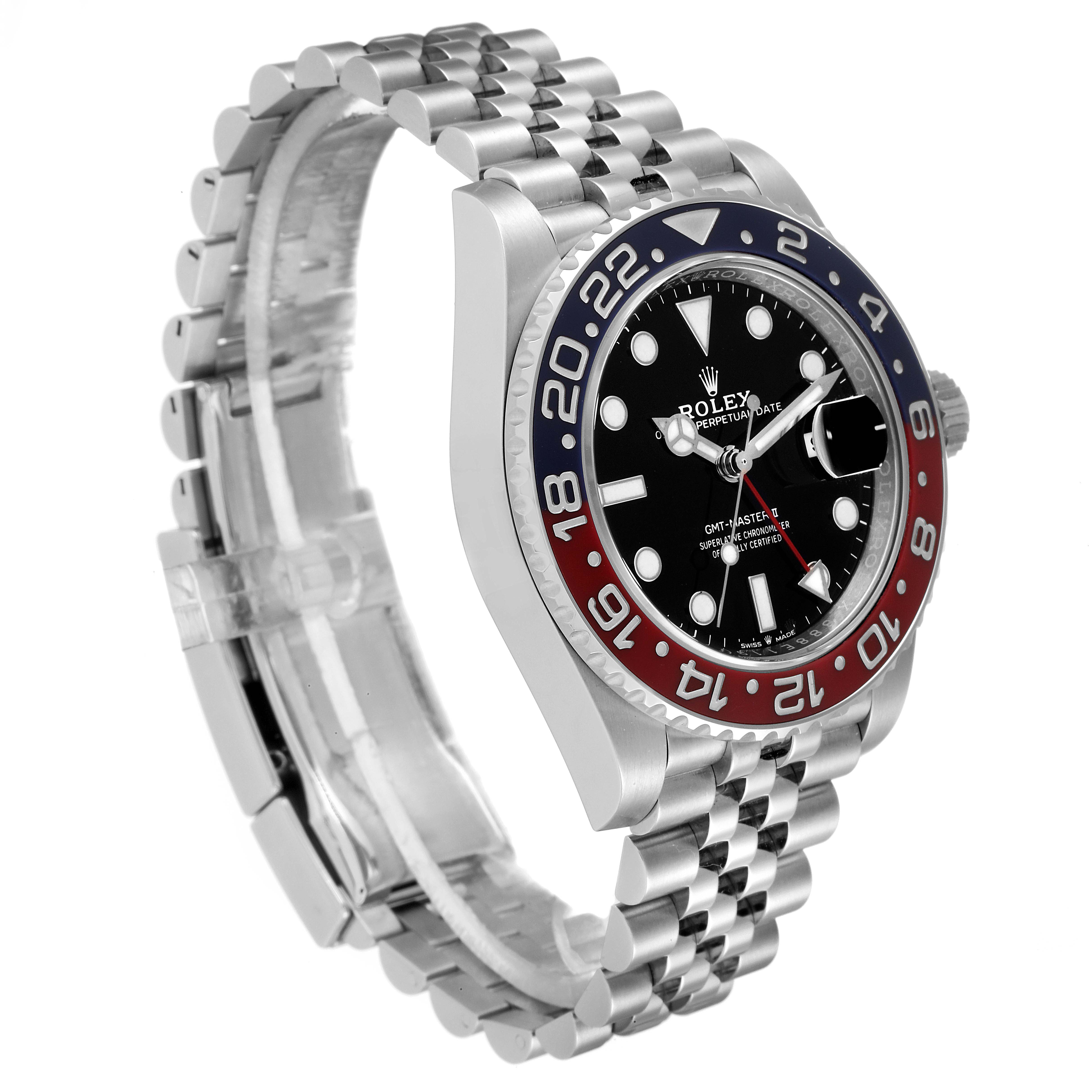 The image shows a side angle view of a Rolex GMT-Master 126710 Men's Stainless Steel Black Dial 126710 Men's Stainless Steel Black Dial with a two-tone bezel and jubilee bracelet.