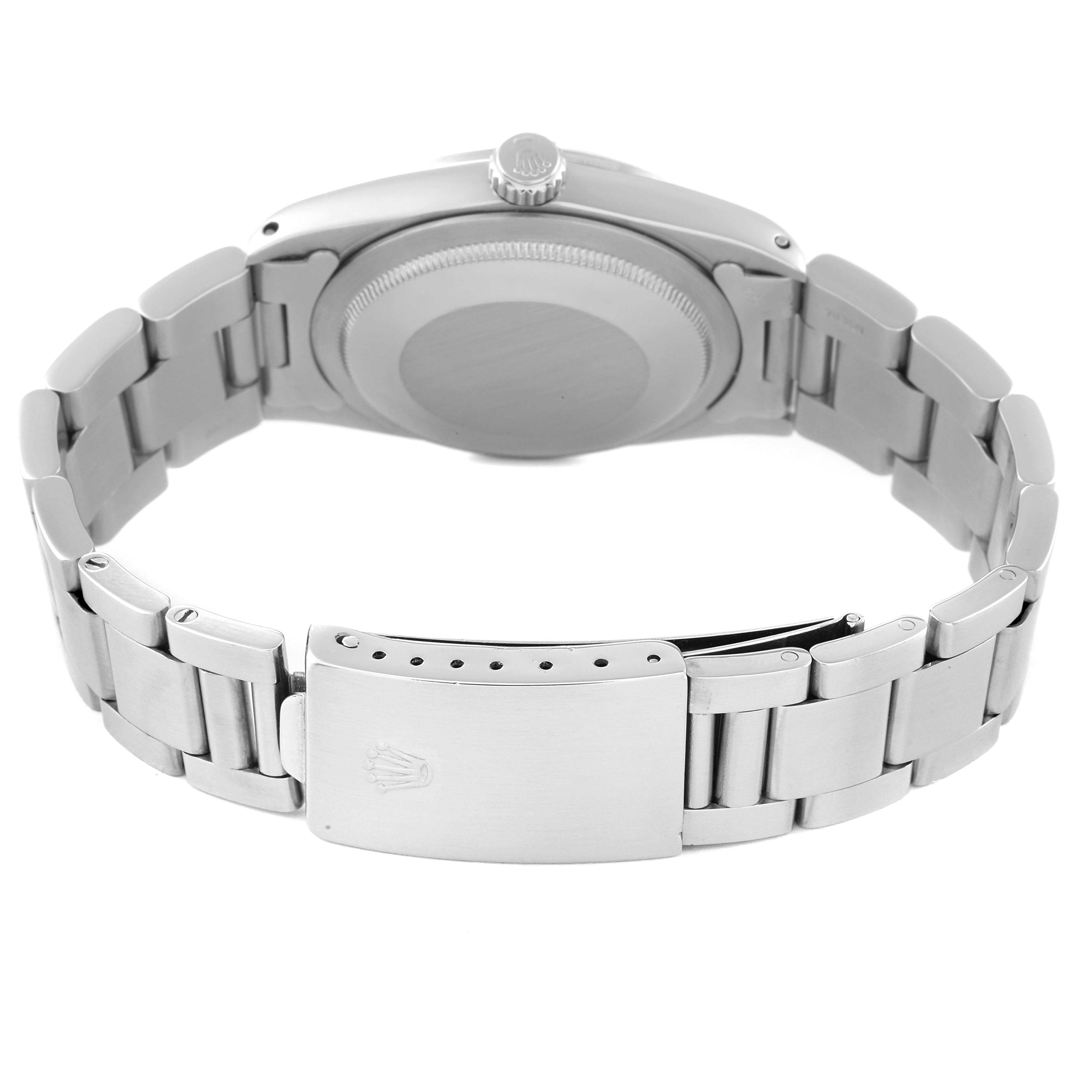 This image shows the back view of a Rolex Vintage Collection 1016 Men
s Stainless Steel Black Dial 1016 Men
s Stainless Steel Black Dial model, highlighting its clasp and bracelet.