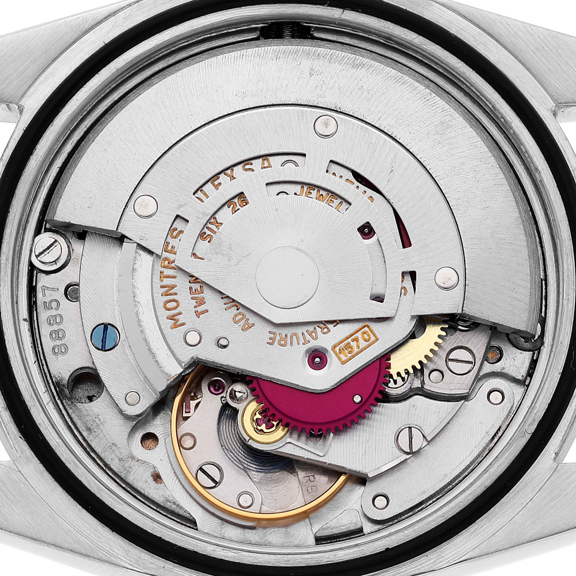 This image shows the internal mechanical movement of a Rolex Vintage Collection 1016 Men
s Stainless Steel Black Dial 1016 Men
s Stainless Steel Black Dial watch from a rear angle.