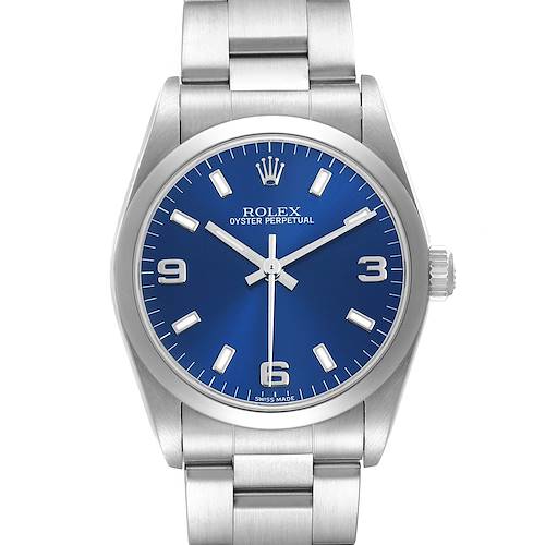 The Rolex Oyster Perpetual 77080 Womens Stainless Steel Blue Dial watch is shown from the front, displaying the dial, hands, markers, crown, and bracelet.