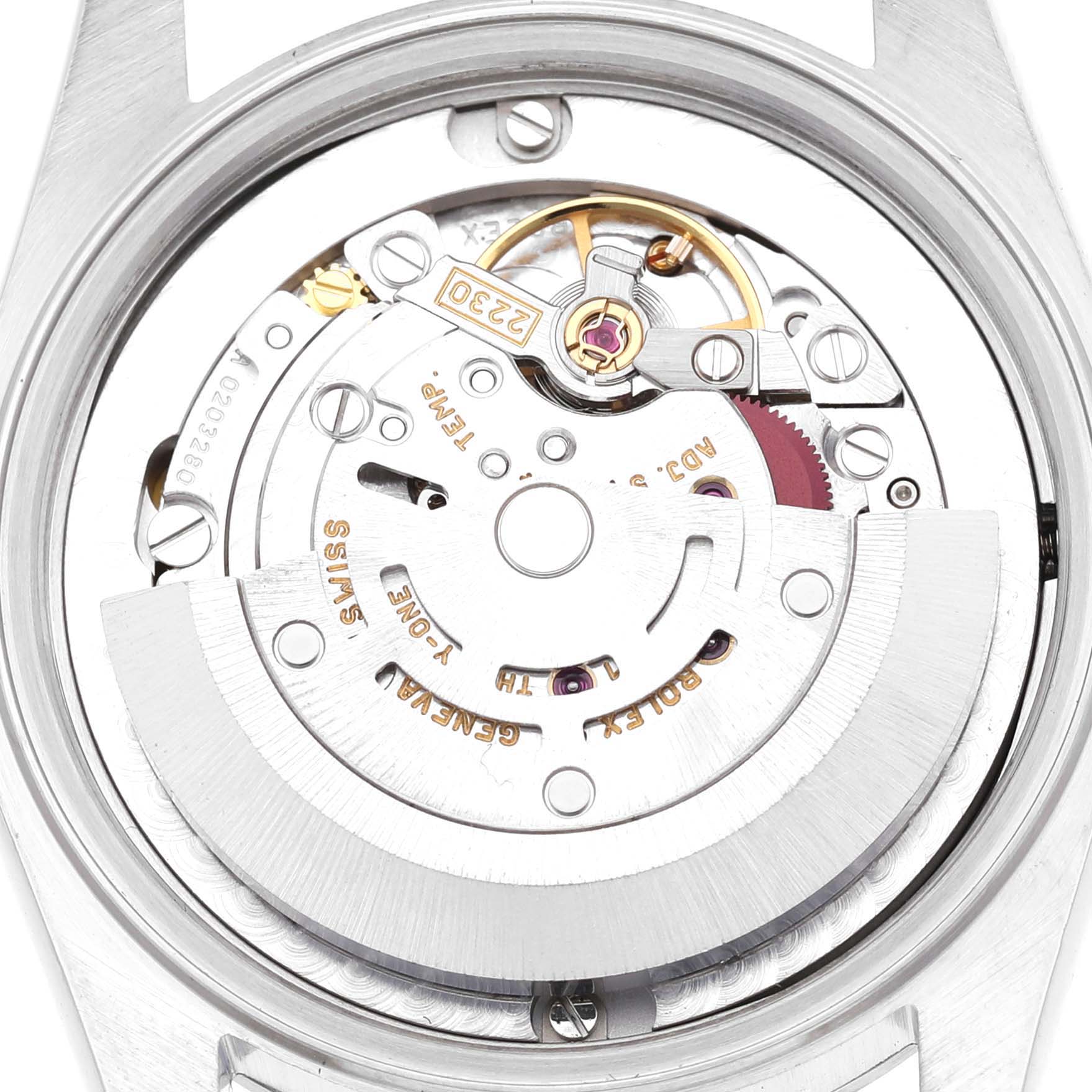 The image shows the internal mechanics of a Rolex Oyster Perpetual 77080 Women's Stainless Steel Blue Dial watch from the back, highlighting the movement components.