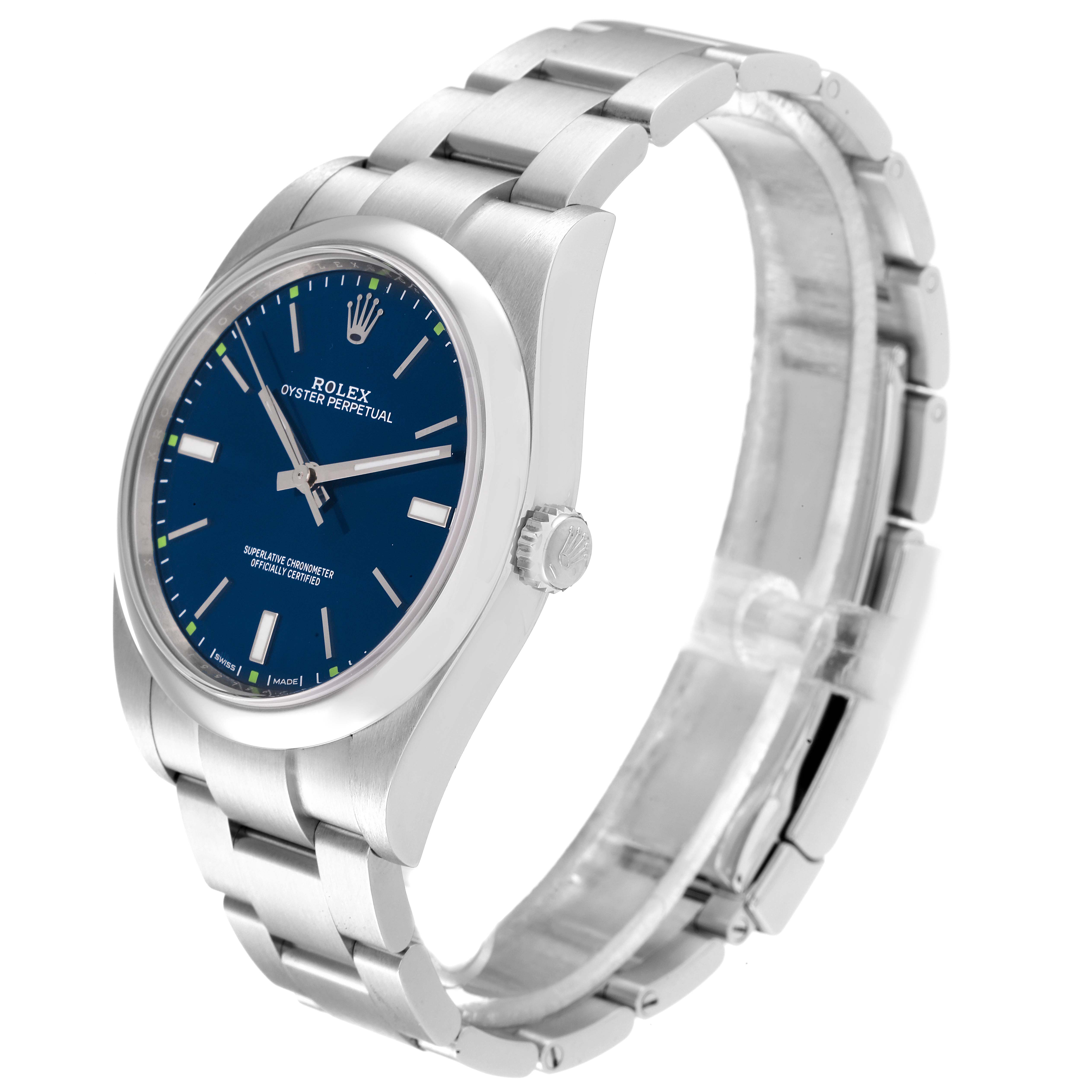The Rolex Oyster Perpetual 114300 Men's Stainless Steel Blue Dial 114300 Men's Stainless Steel Blue Dial watch is shown at a three-quarter angle, highlighting the face, bezel, crown, and bracelet.