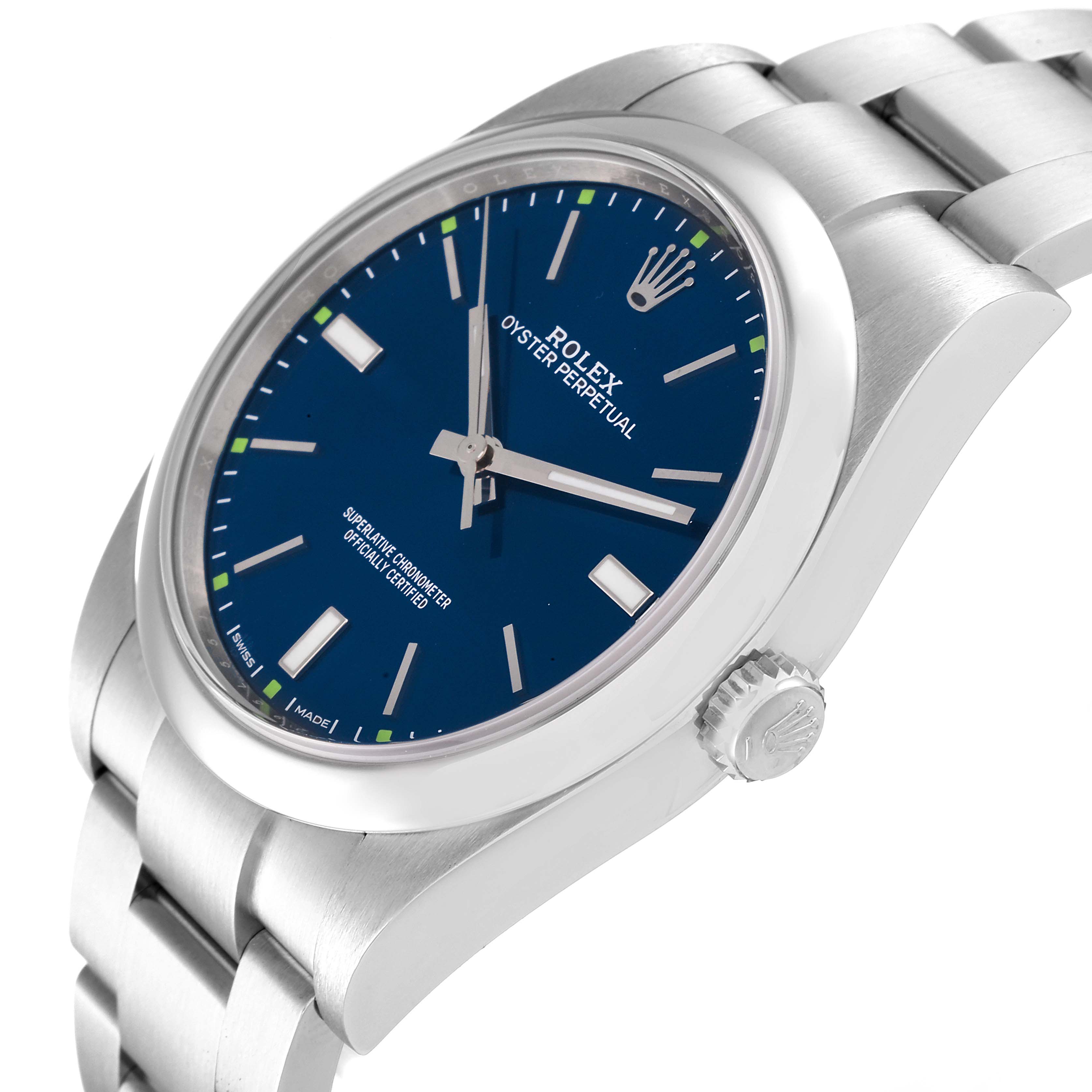 The Rolex Oyster Perpetual 114300 Men's Stainless Steel Blue Dial 114300 Men's Stainless Steel Blue Dial watch is shown from a slight angled side view, highlighting its blue dial, crown, and bracelet.