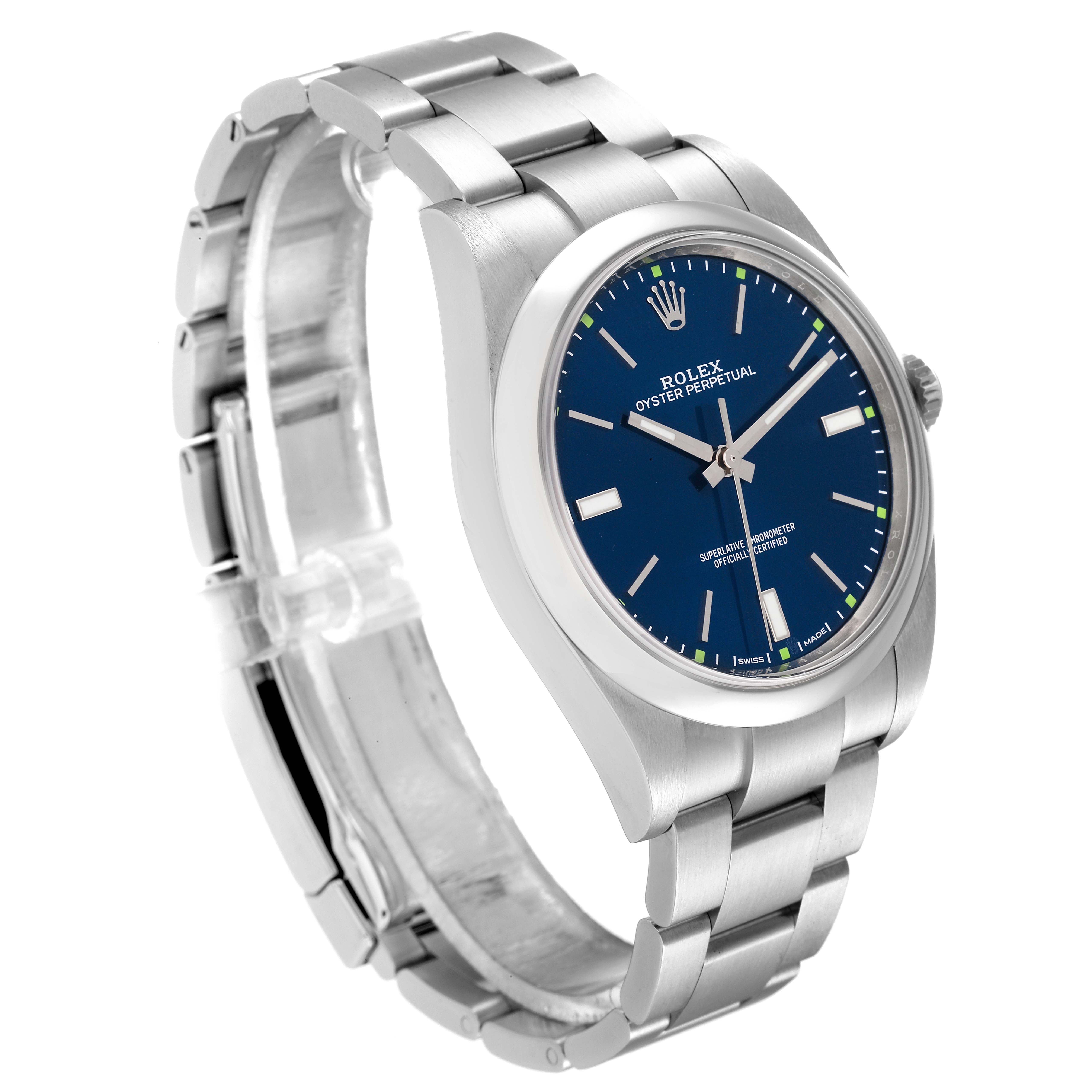 This image shows an angled view of the Rolex Oyster Perpetual 114300 Men's Stainless Steel Blue Dial 114300 Men's Stainless Steel Blue Dial watch, highlighting the dial, case, and bracelet.