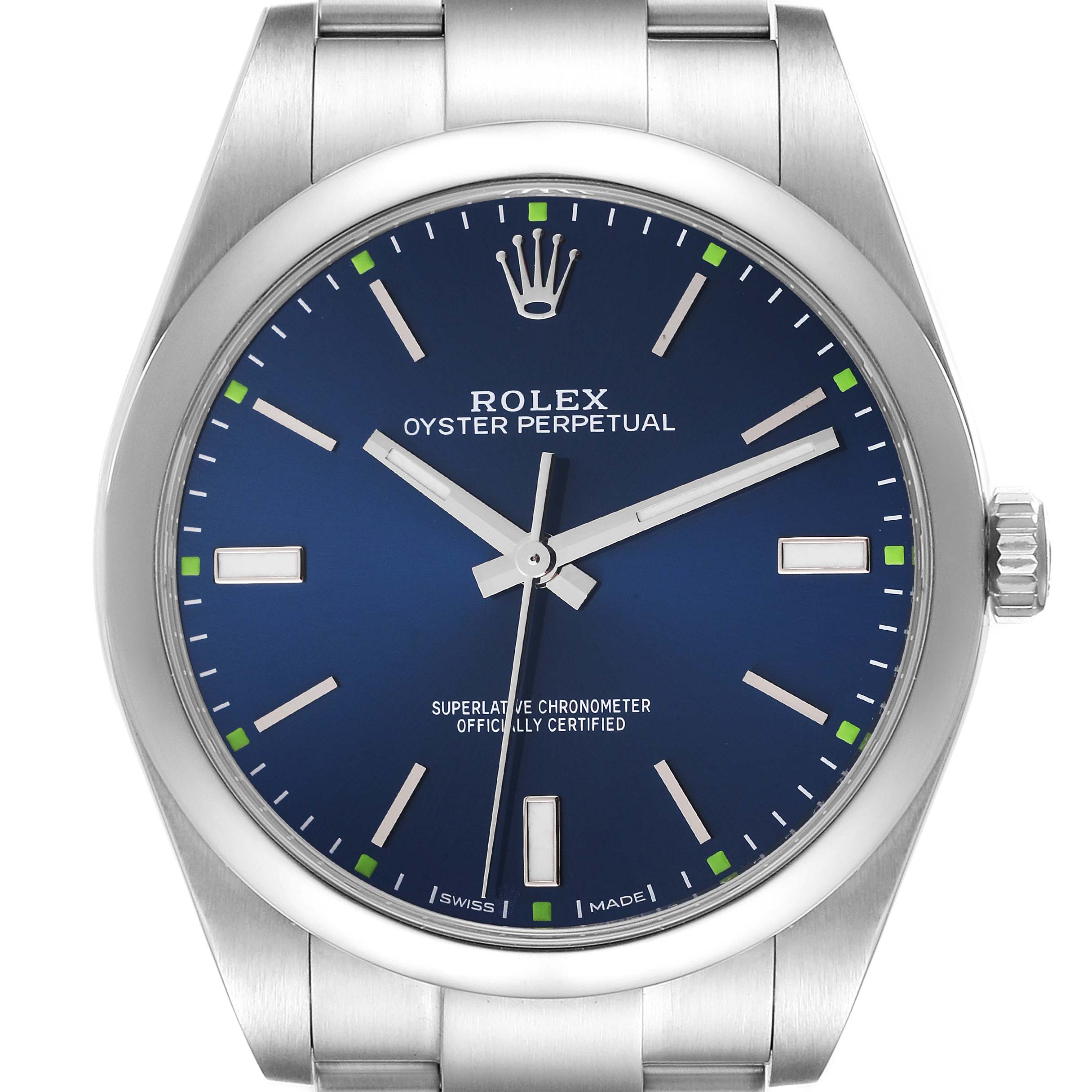 This image shows a front view of the Rolex Oyster Perpetual 114300 Men's Stainless Steel Blue Dial 114300 Men's Stainless Steel Blue Dial watch, highlighting its blue dial and stainless steel casing.
