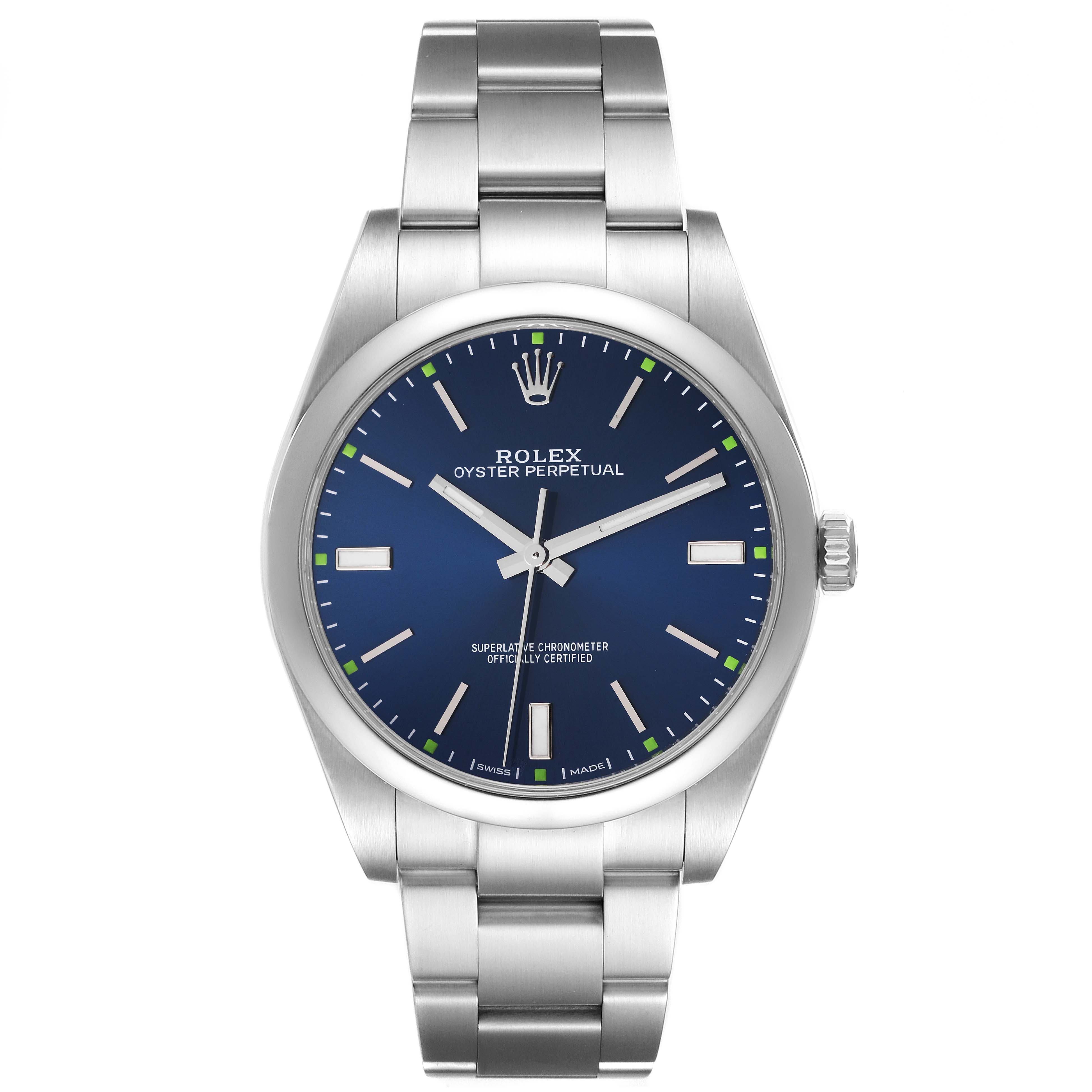 The image shows a front-view angle of a Rolex Oyster Perpetual 114300 Men's Stainless Steel Blue Dial 114300 Men's Stainless Steel Blue Dial watch, displaying its blue dial and stainless steel bracelet.