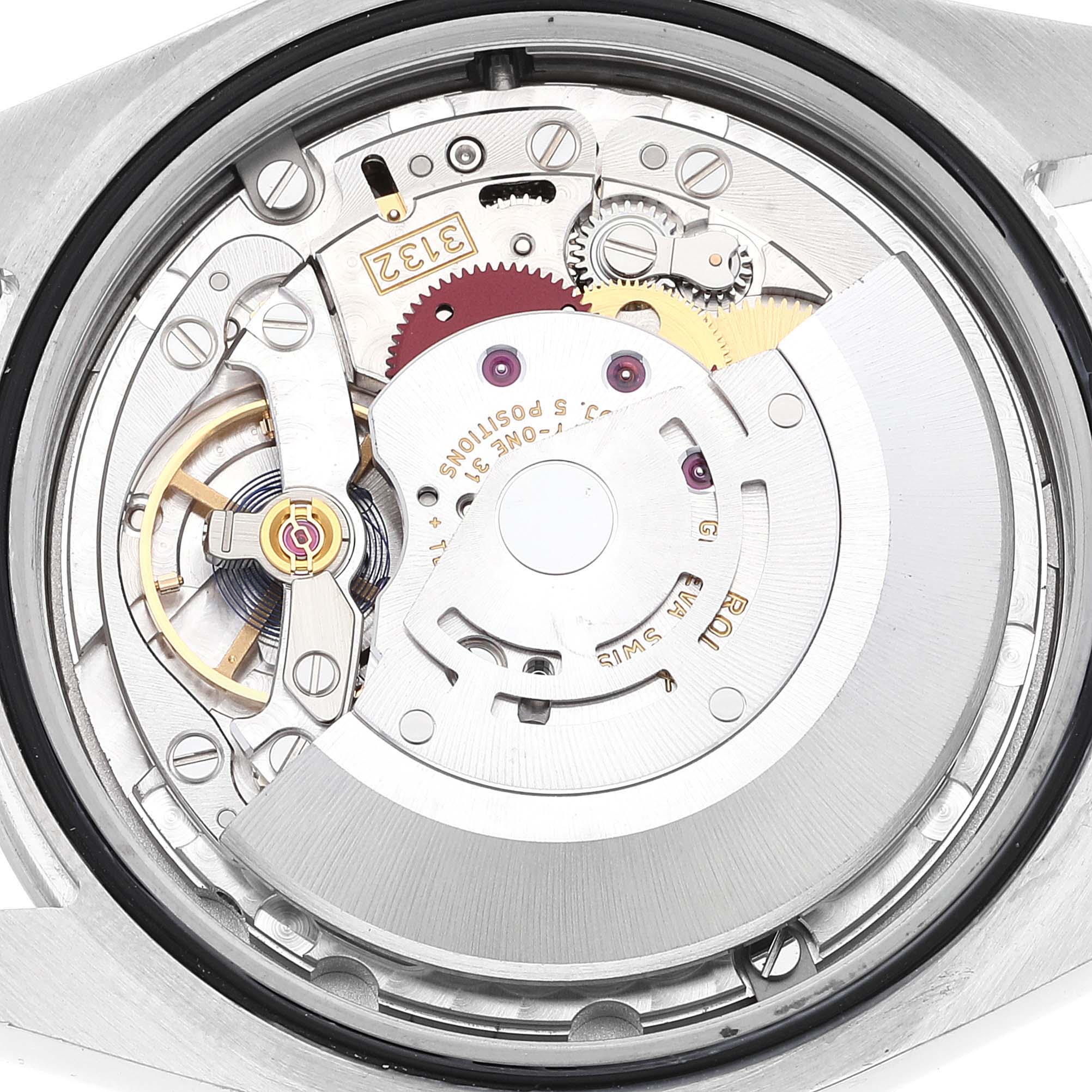 The image shows the rear view of the movement inside an Oyster Perpetual watch by Rolex.