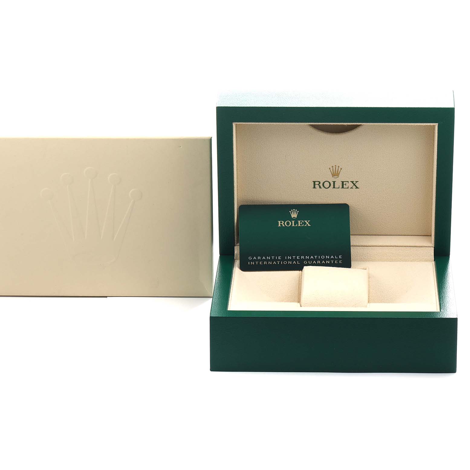 The image shows a Rolex Air-King 126900 Men's Stainless Steel Black Dial watch box at an angle, revealing the interior with a card and padding inside.