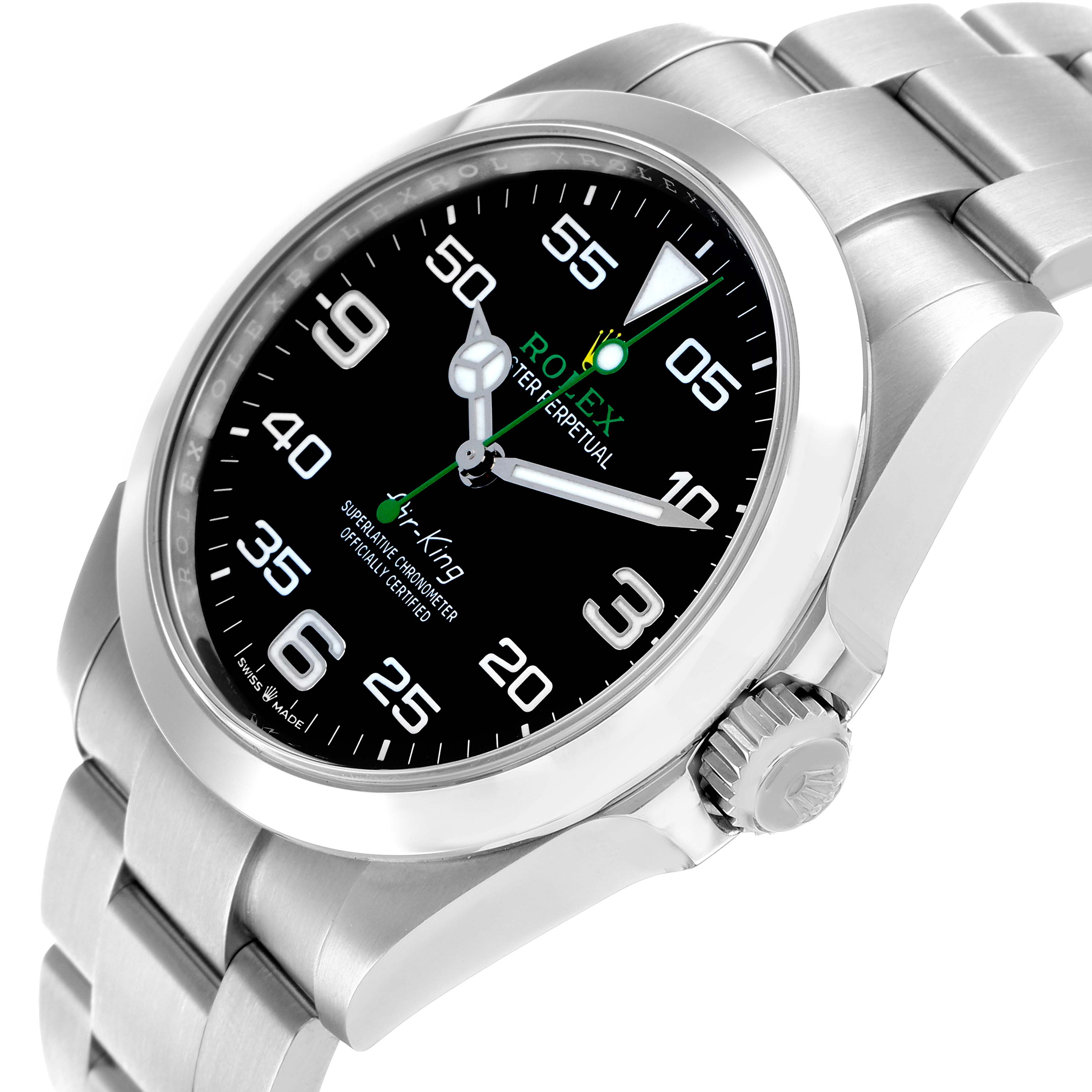 The Rolex Air-King 126900 Men's Stainless Steel Black Dial watch is shown at a three-quarter angle, highlighting the face, case, crown, and bracelet.