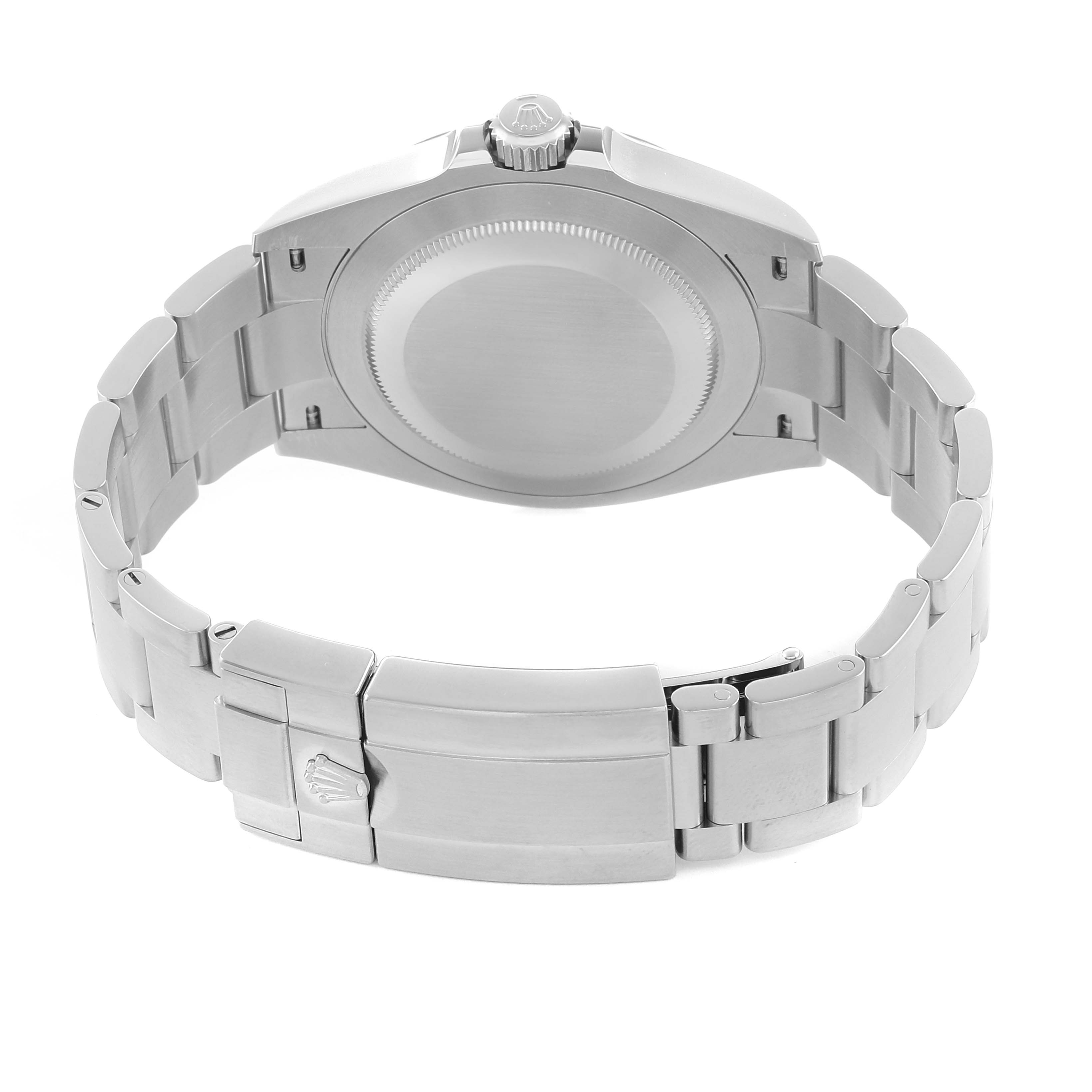 The image shows the back view of the Rolex Air-King 126900 Men's Stainless Steel Black Dial watch, highlighting the bracelet, clasp, and case back.