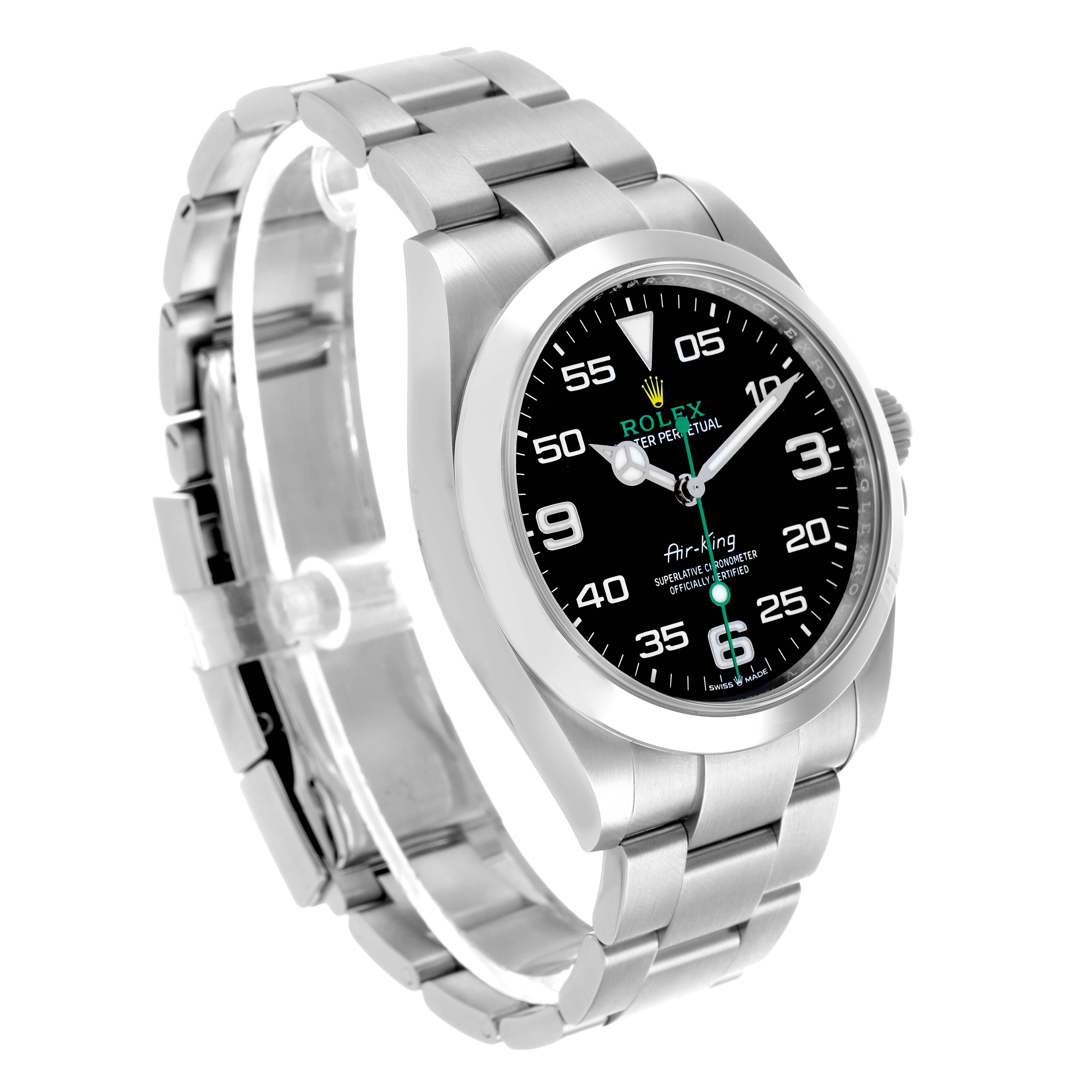 The Rolex Air-King 126900 Men's Stainless Steel Black Dial watch is shown at a slight angle, highlighting the black dial, hour markers, and oyster bracelet.