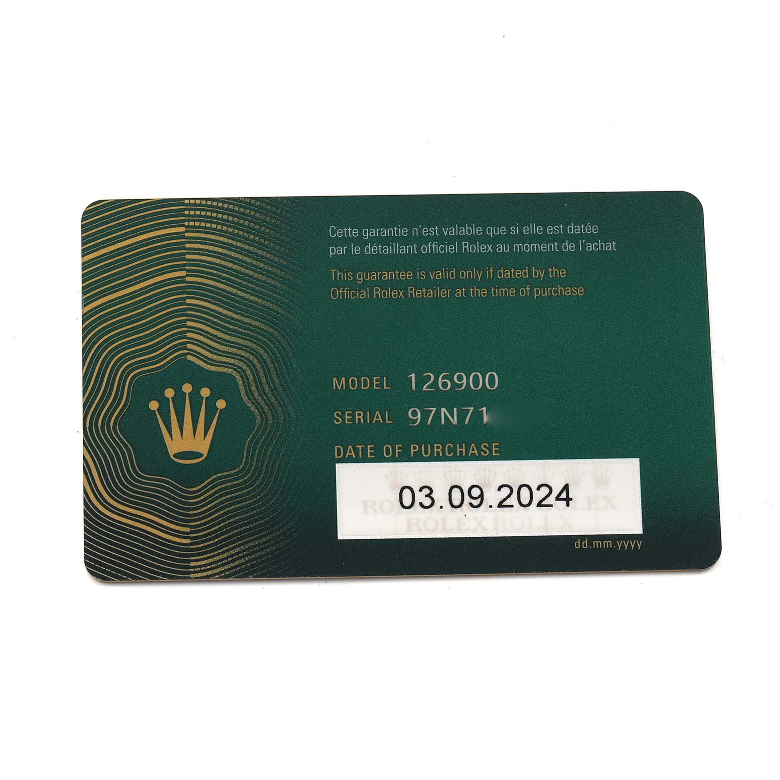 The image shows a warranty card for the Rolex Air-King 126900 Men's Stainless Steel Black Dial model, showcasing model, serial number, and purchase date.