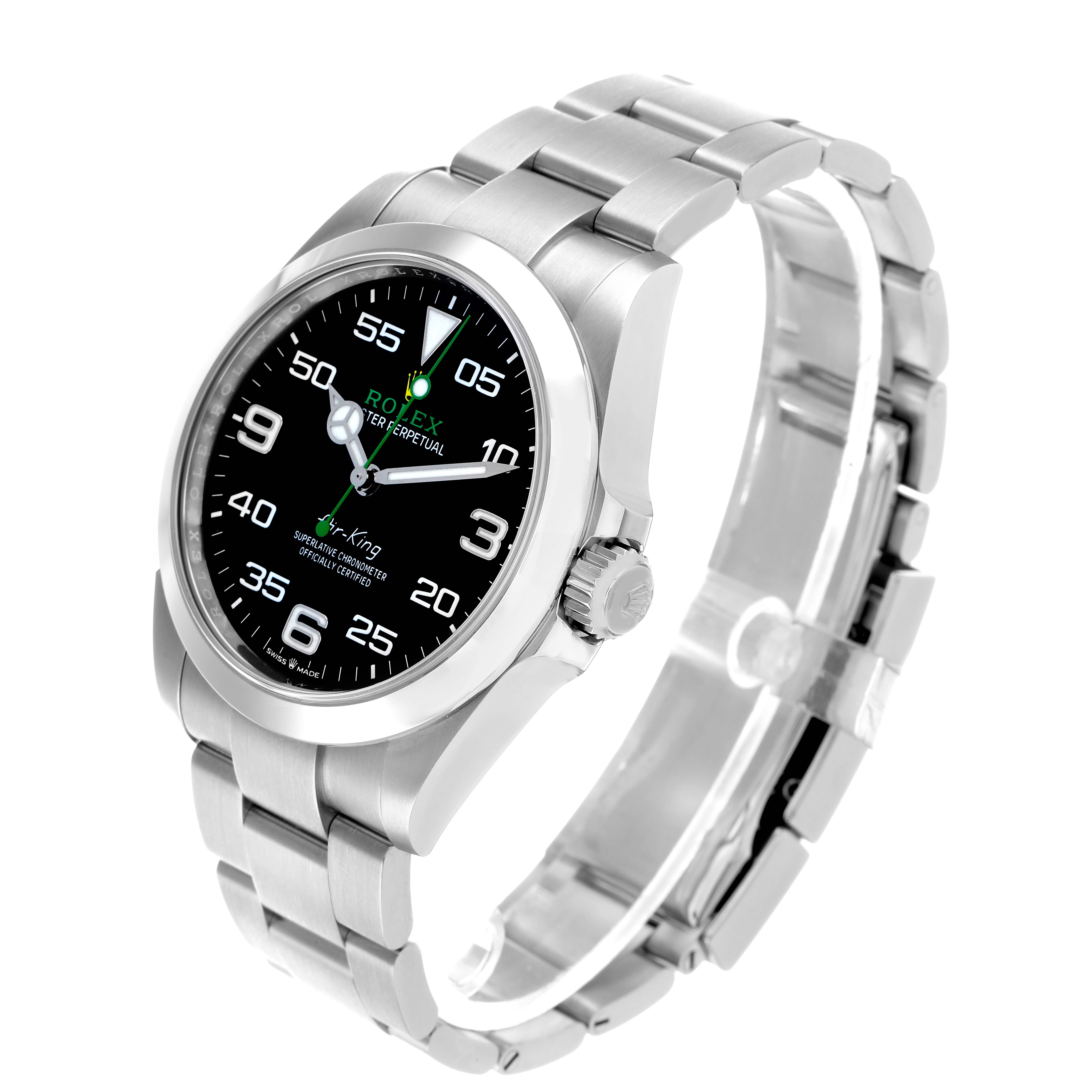 The Rolex Air-King 126900 Men's Stainless Steel Black Dial watch is shown at an angle highlighting the face, bezel, crown, and bracelet.