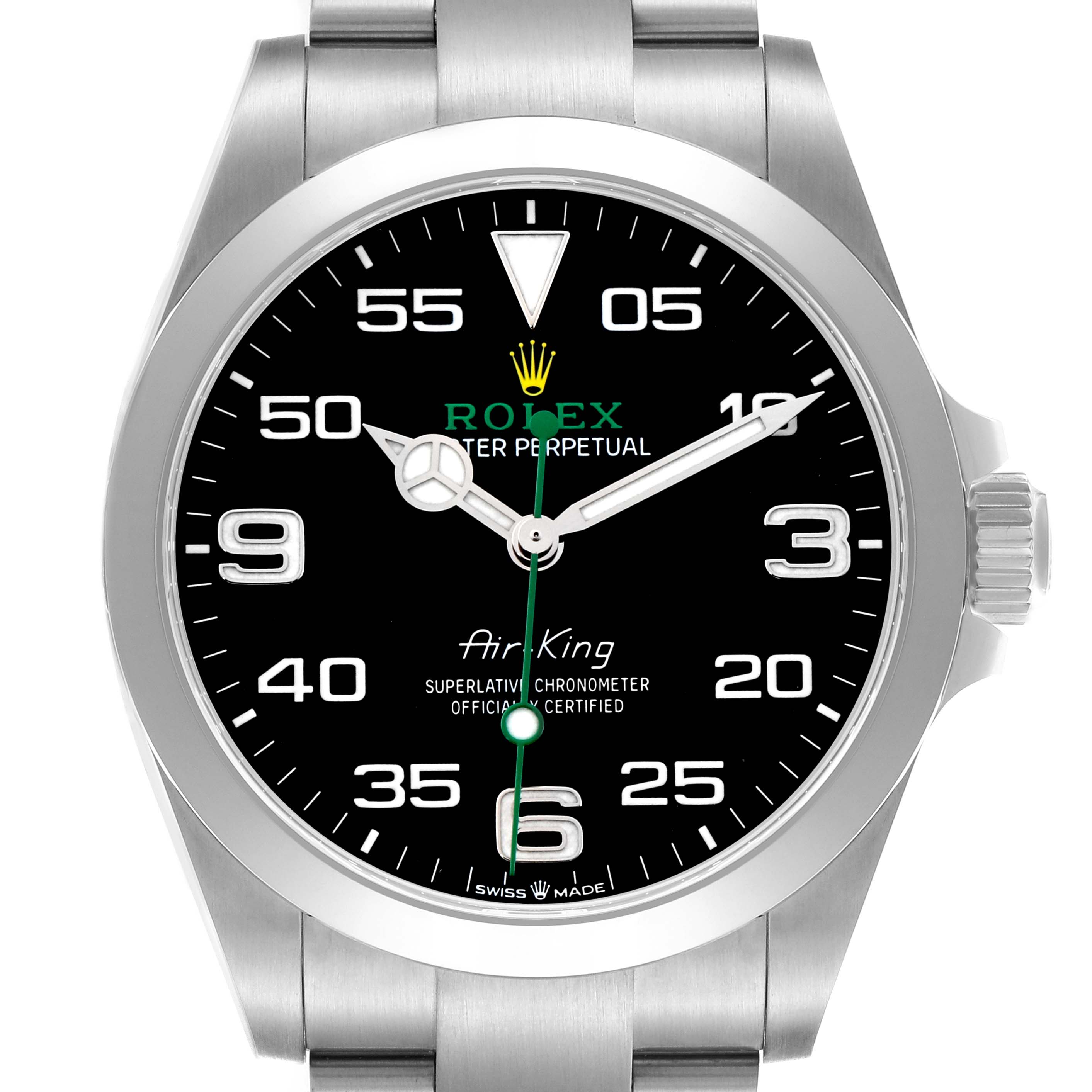 The image shows a front view of the Rolex Air-King 126900 Men's Stainless Steel Black Dial watch, displaying the dial, bezel, crown, and part of the bracelet.