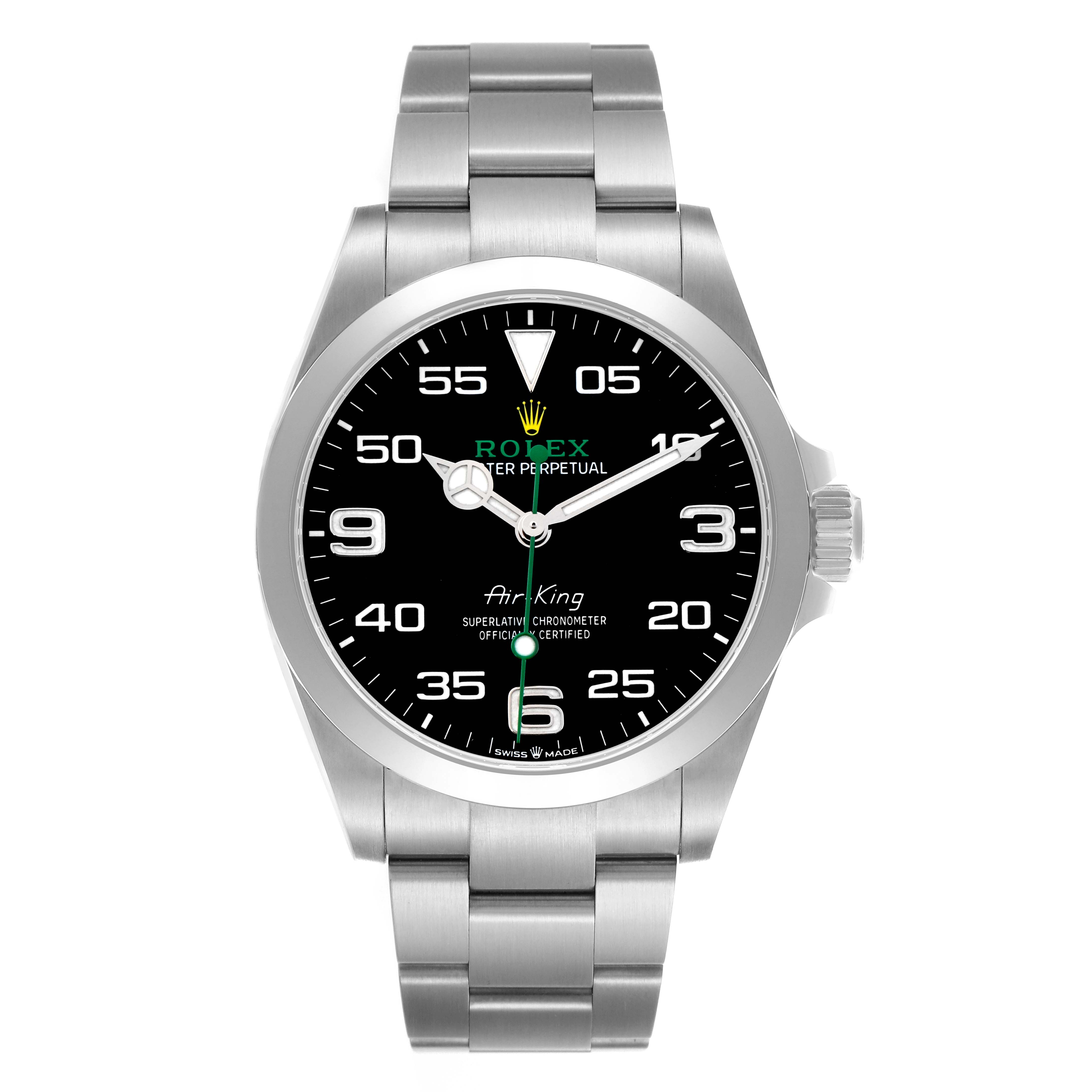 The Rolex Air-King 126900 Men's Stainless Steel Black Dial watch is shown from a front angle displaying the dial, bezel, and bracelet.