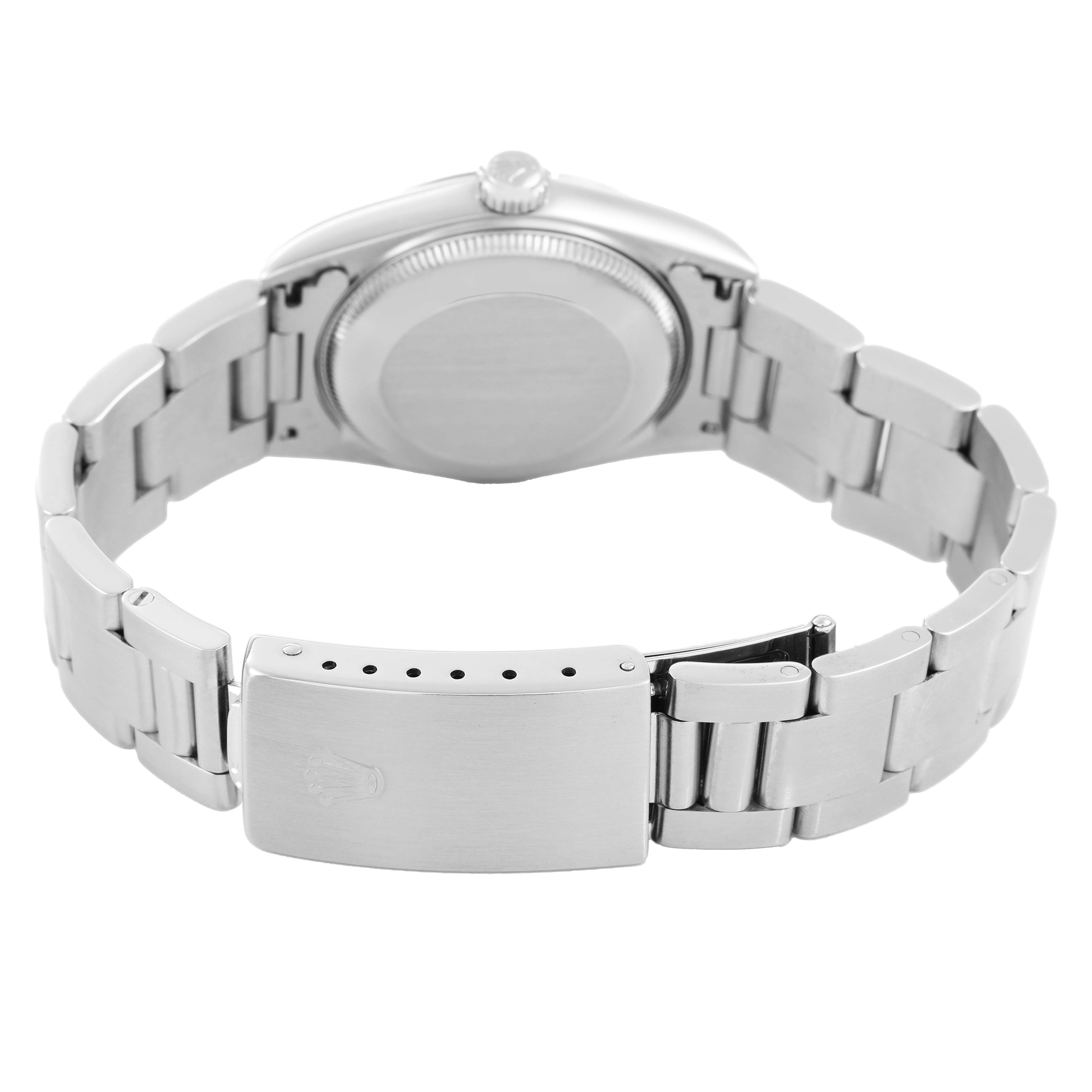 The image shows the back view of a Rolex Oyster Perpetual 67480 Women's Stainless Steel Pink Dial, highlighting the case back and bracelet clasp.