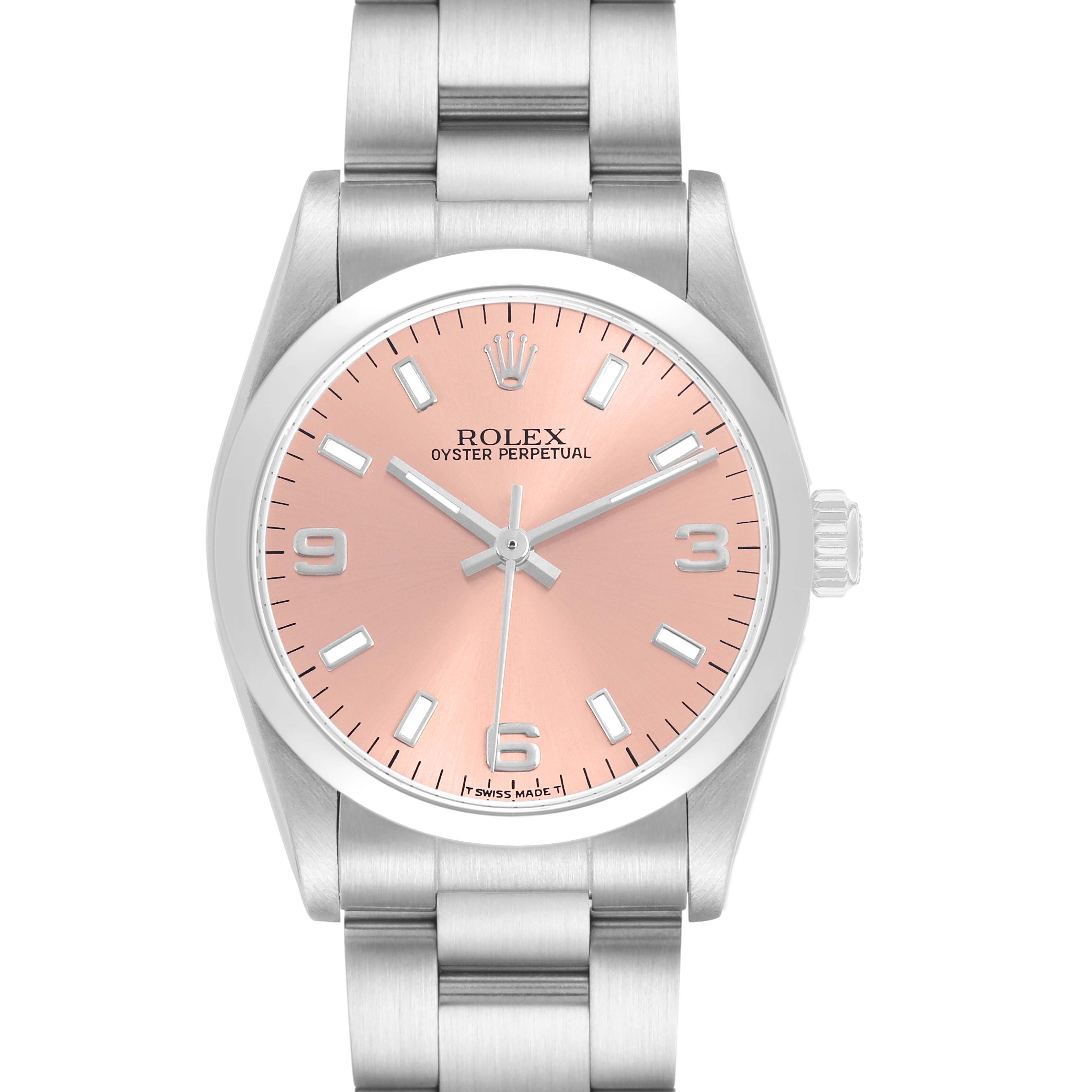 The Rolex Oyster Perpetual 67480 Women's Stainless Steel Pink Dial watch is shown from a front angle, highlighting the pink dial, markers, hands, and bracelet.