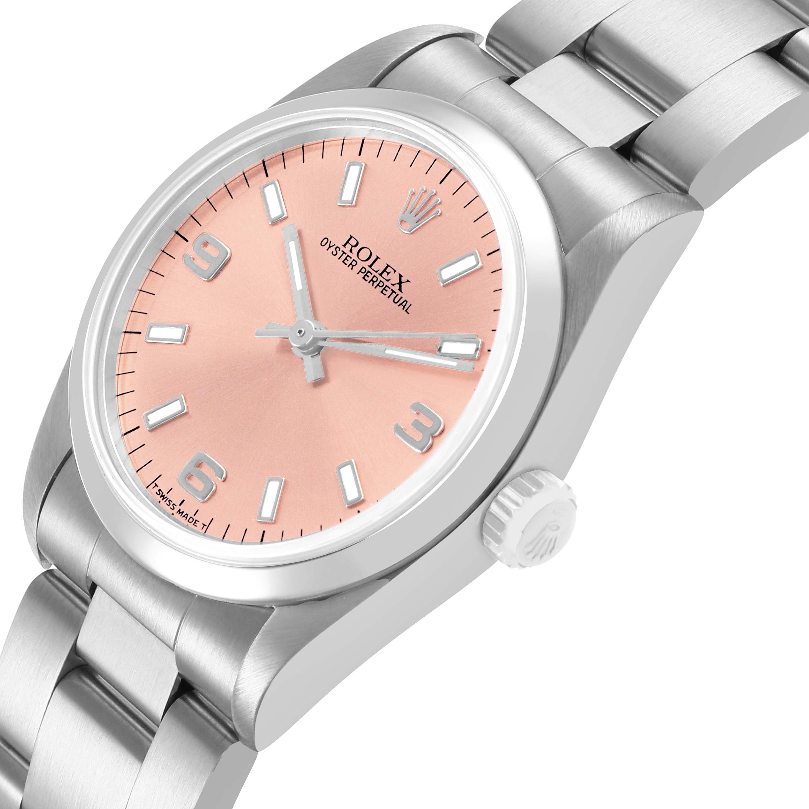 The Rolex Oyster Perpetual 67480 Women's Stainless Steel Pink Dial watch is shown at a slight angle, featuring the dial, case, crown, and part of the bracelet.