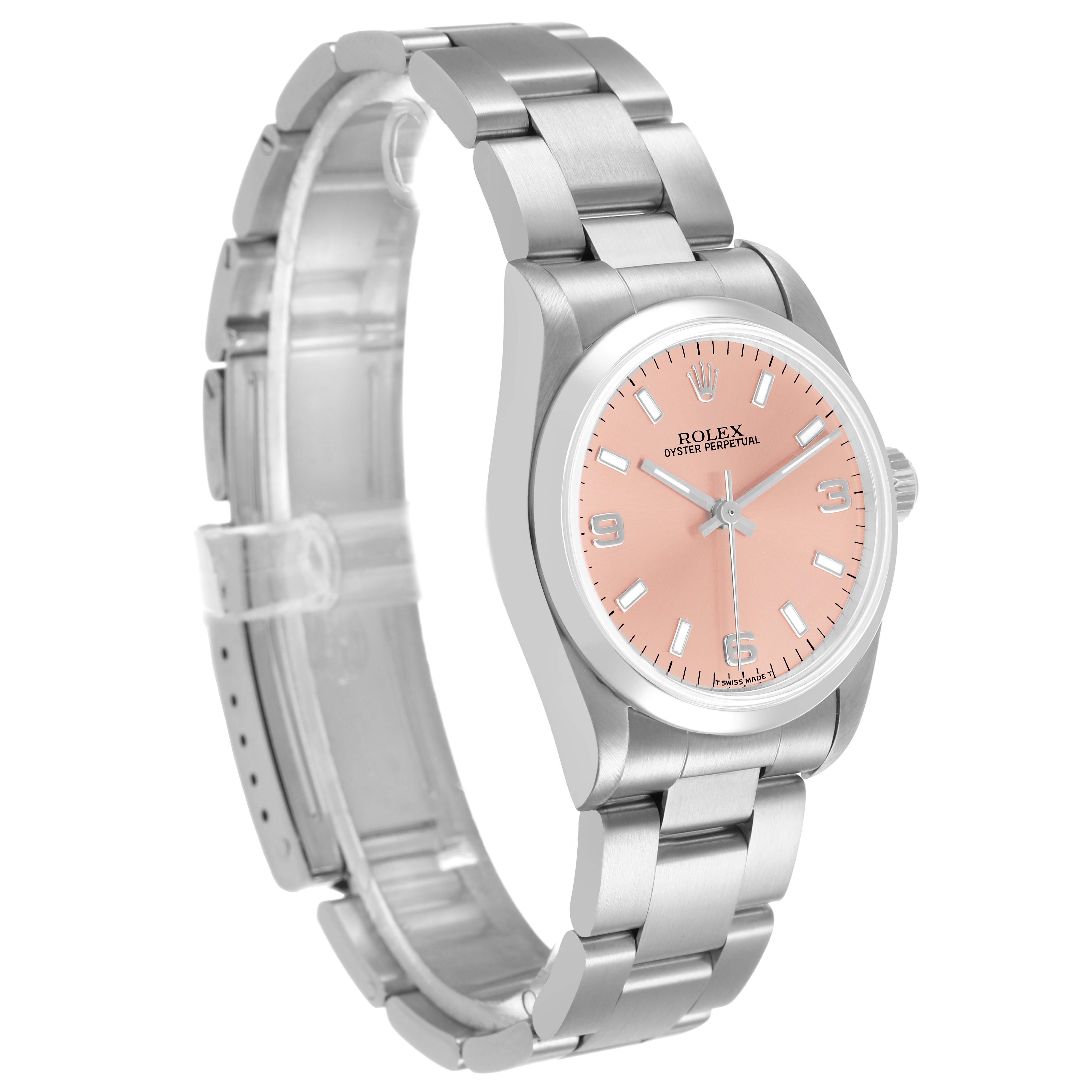 The Rolex Oyster Perpetual 67480 Women's Stainless Steel Pink Dial watch is shown at a slight angle, displaying the pink dial, case, and partially the bracelet.