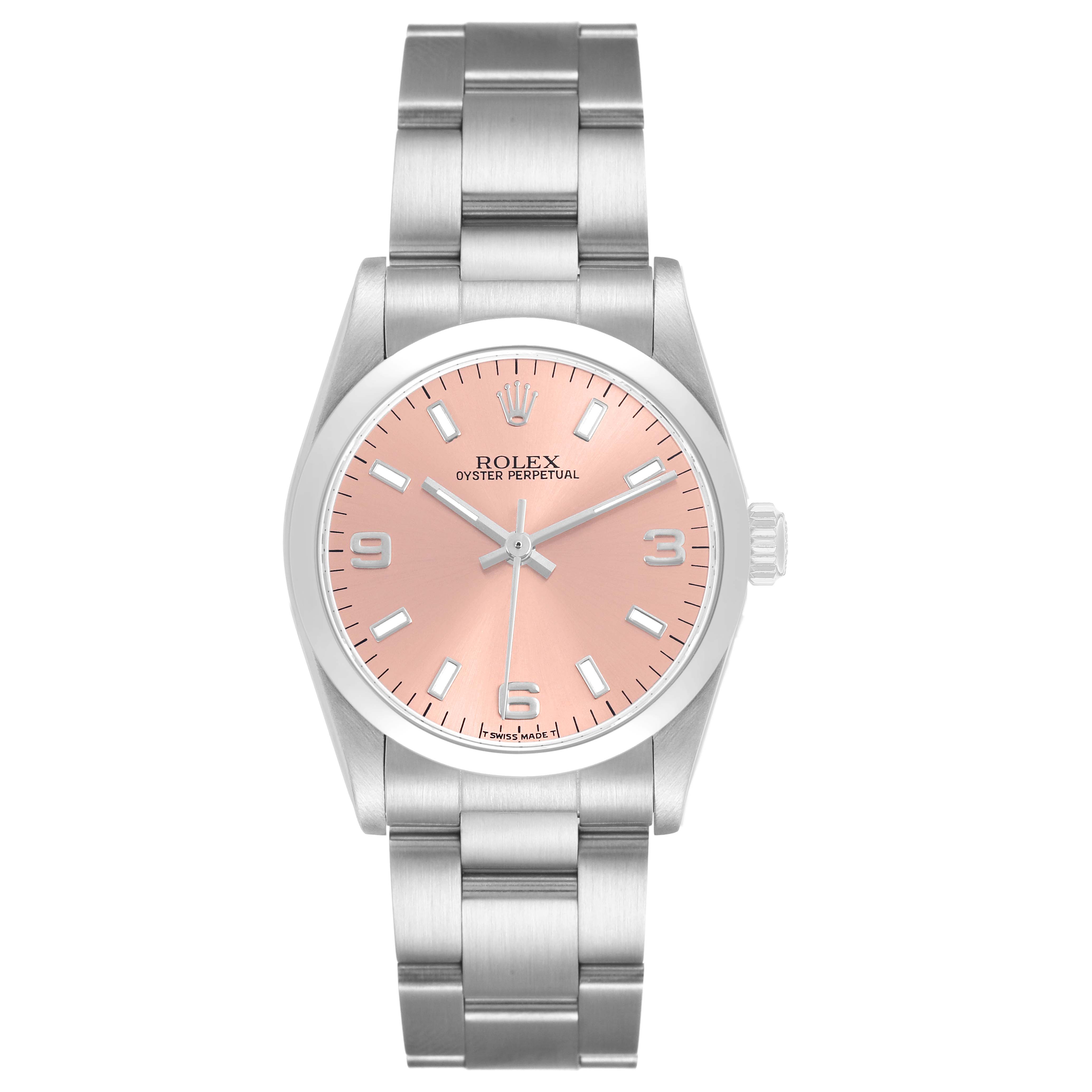 The Rolex Oyster Perpetual 67480 Women's Stainless Steel Pink Dial watch is shown from a front angle, displaying its face, dial, and bracelet.