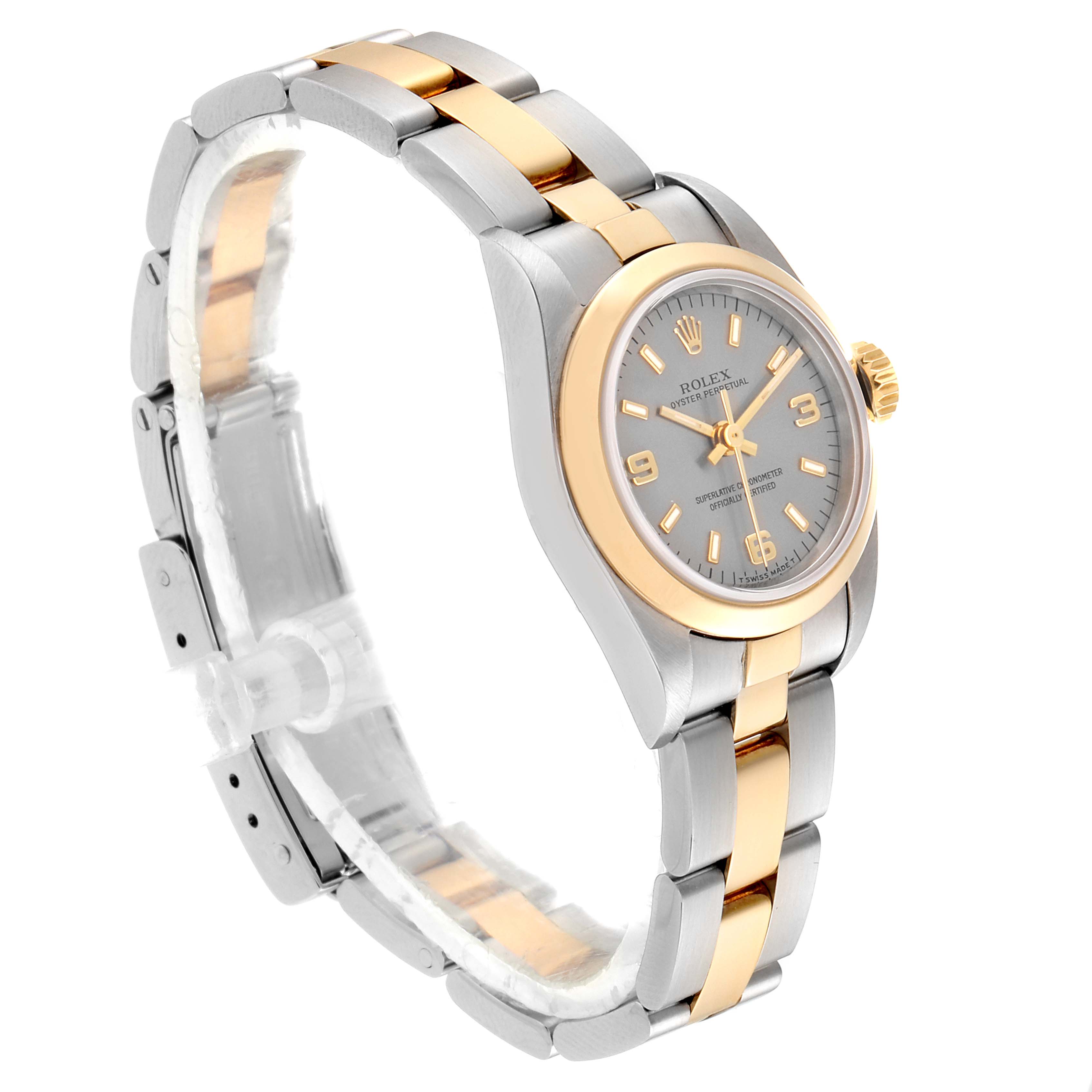The image shows a side angle of a Rolex Oyster Perpetual 67183 Women's Steel and Gold (two tone) Grey Dial 67183 Women's Steel and Gold (two tone) Grey Dial watch, highlighting its two-tone bracelet and dial.