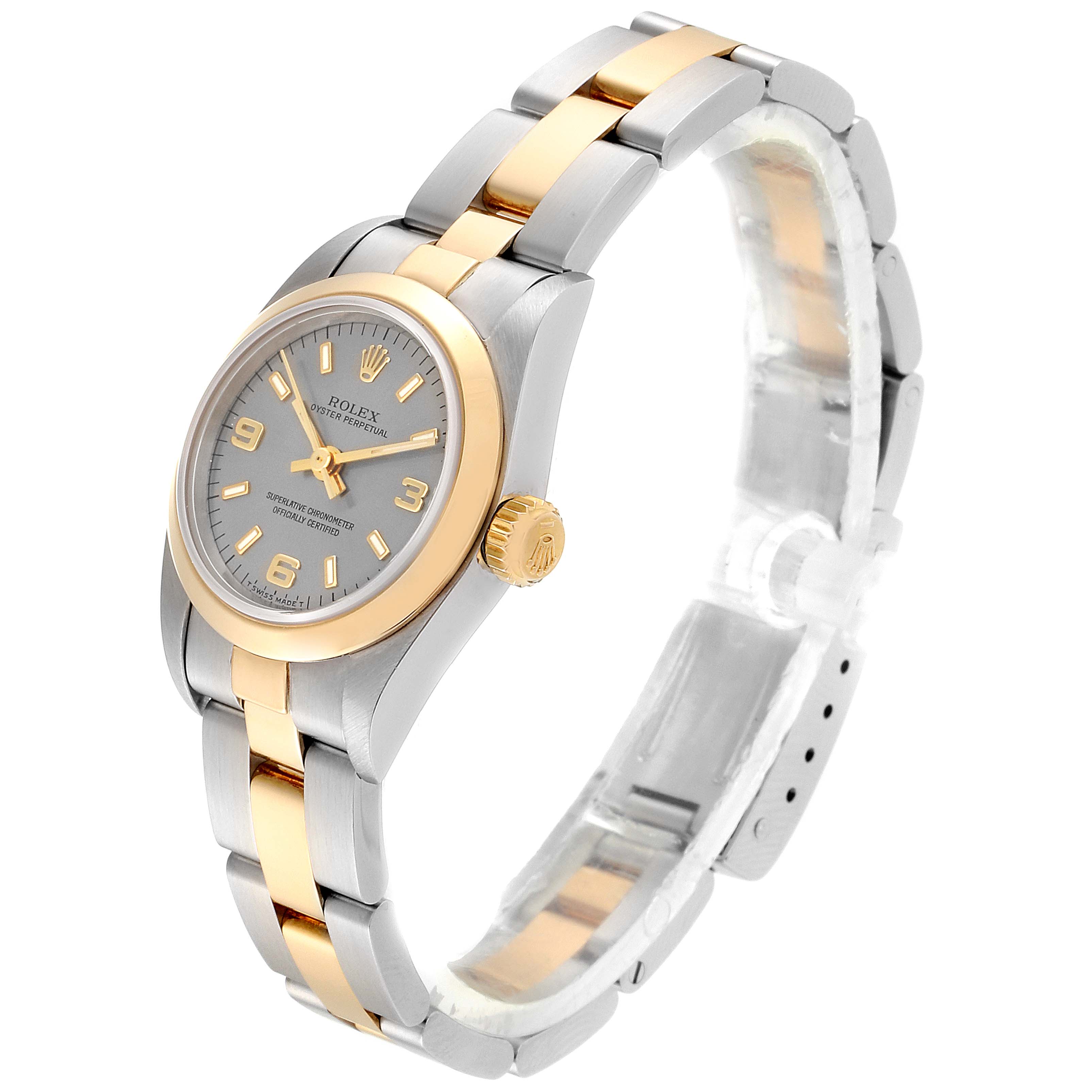 The image shows a side angle of a Rolex Oyster Perpetual 67183 Women's Steel and Gold (two tone) Grey Dial 67183 Women's Steel and Gold (two tone) Grey Dial watch, highlighting its face, bezel, crown, and two-tone bracelet.