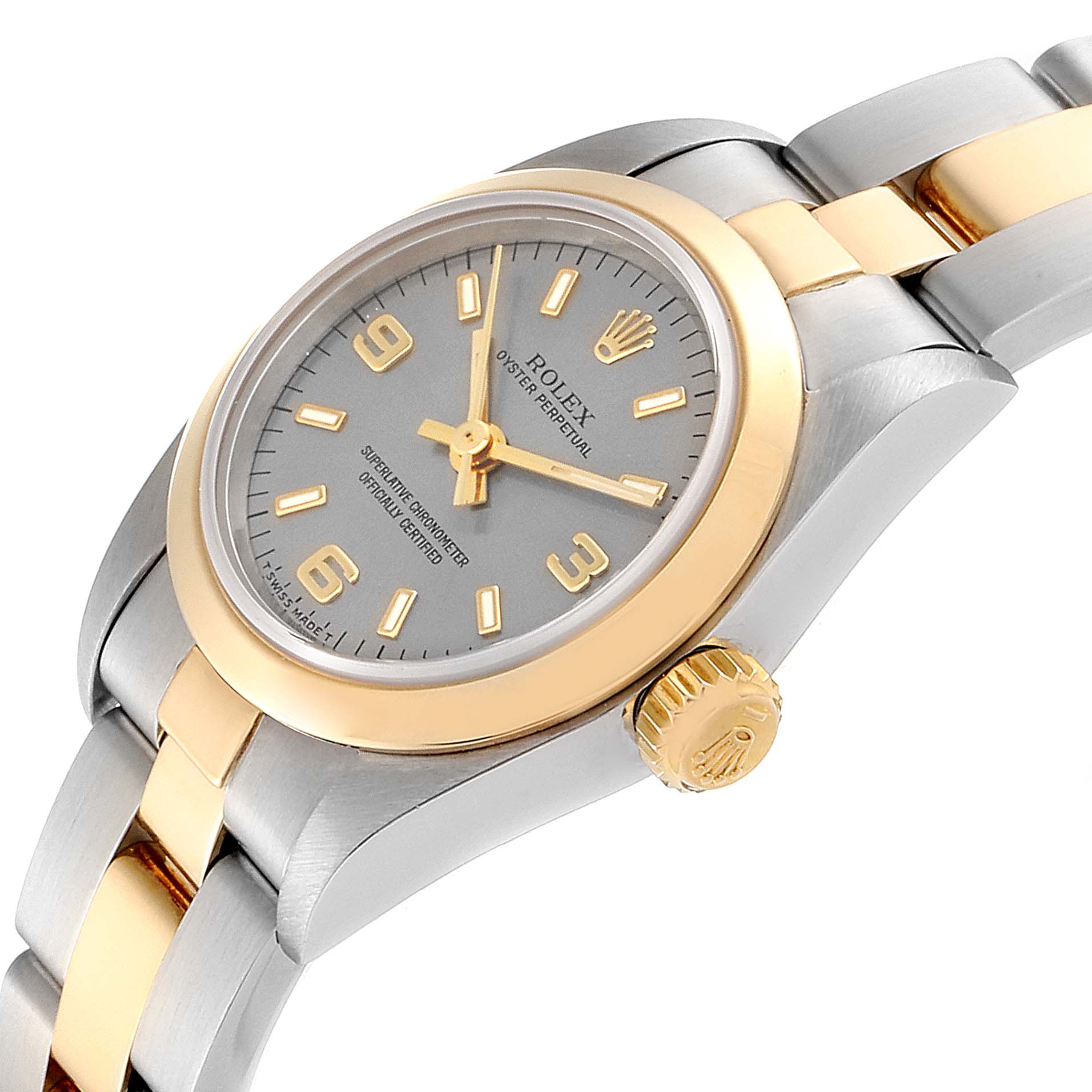 The image shows a side angle of the Rolex Oyster Perpetual 67183 Women's Steel and Gold (two tone) Grey Dial 67183 Women's Steel and Gold (two tone) Grey Dial watch featuring the dial, crown, and part of the bracelet.