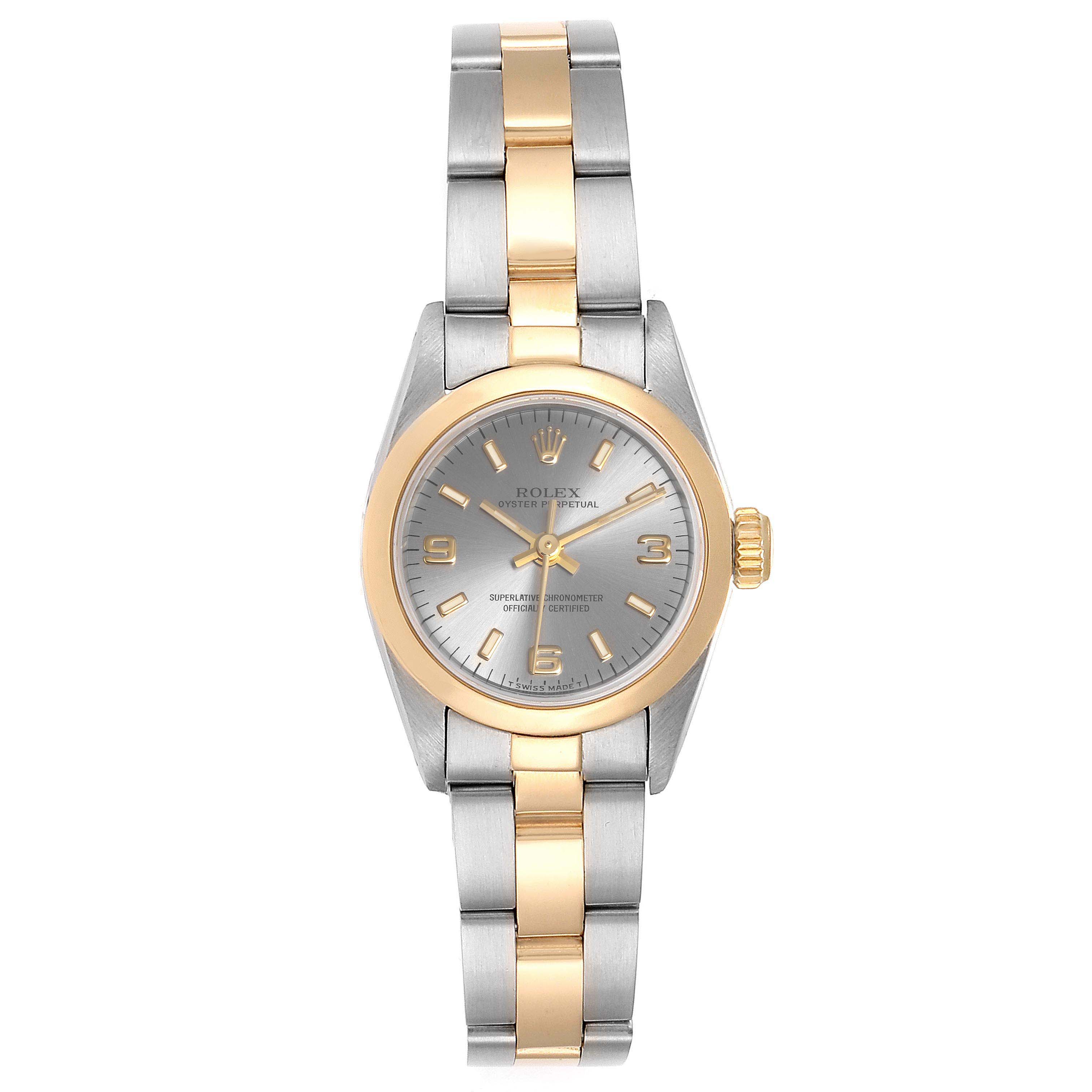 The image shows a front view of the Rolex Oyster Perpetual 67183 Women's Steel and Gold (two tone) Grey Dial 67183 Women's Steel and Gold (two tone) Grey Dial watch, highlighting its two-tone bracelet and dial.