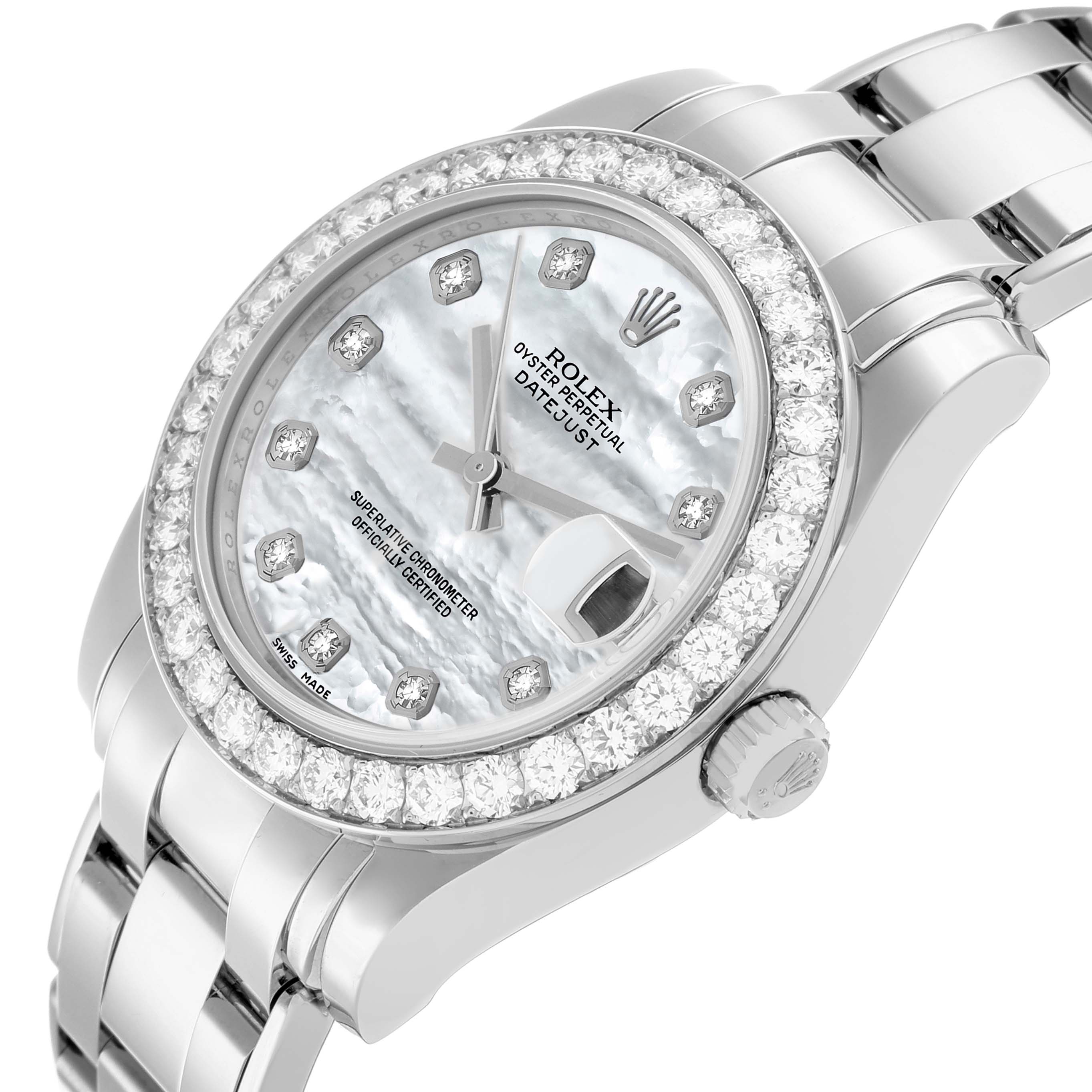 The Rolex Pearlmaster 81299 Women's White Gold Mother of Pearl Dial watch is shown at a three-quarter angle, highlighting its diamond bezel, mother-of-pearl dial, and bracelet.