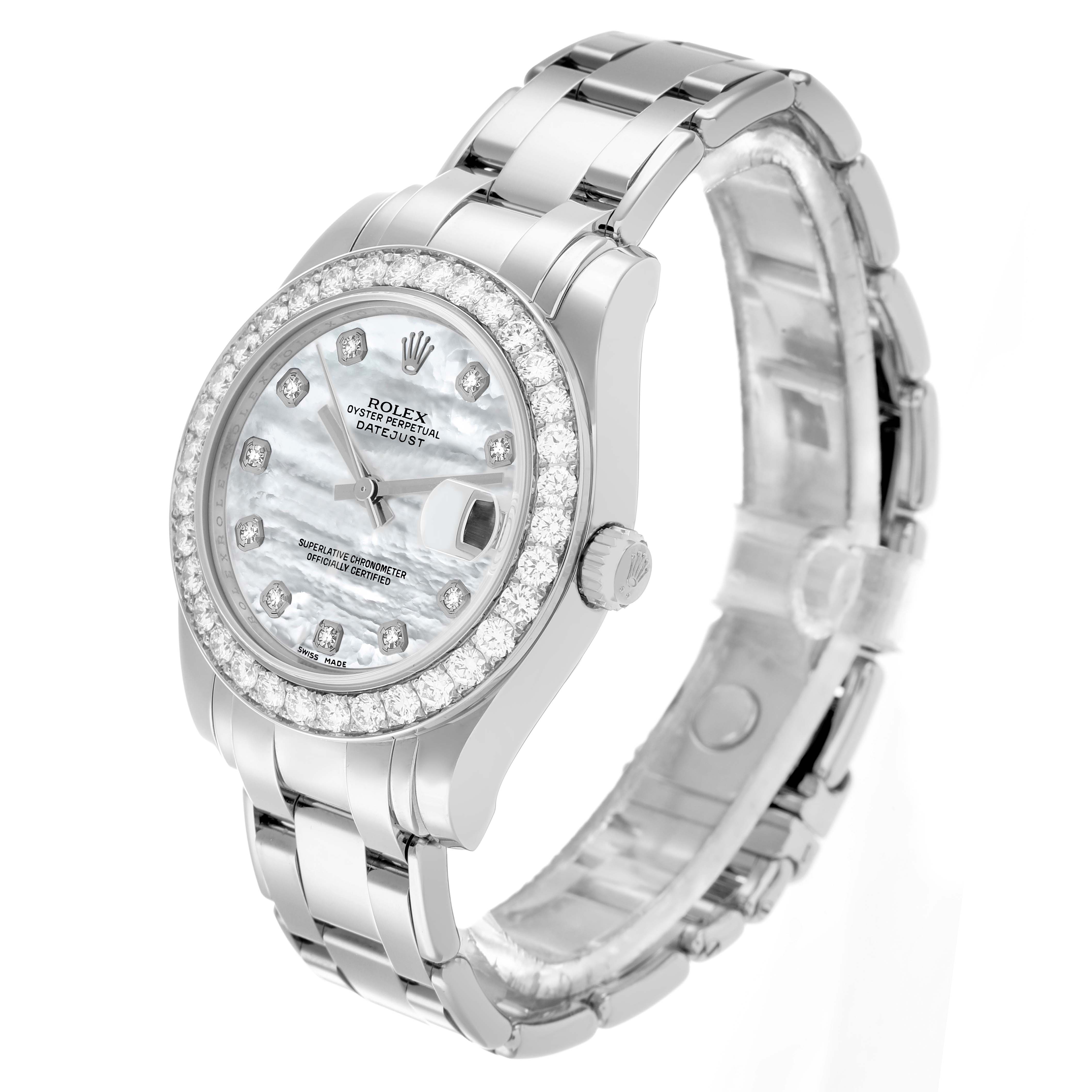 The Rolex Pearlmaster 81299 Women's White Gold Mother of Pearl Dial watch is shown at an angled view, highlighting the bezel, crown, bracelet, and face details.
